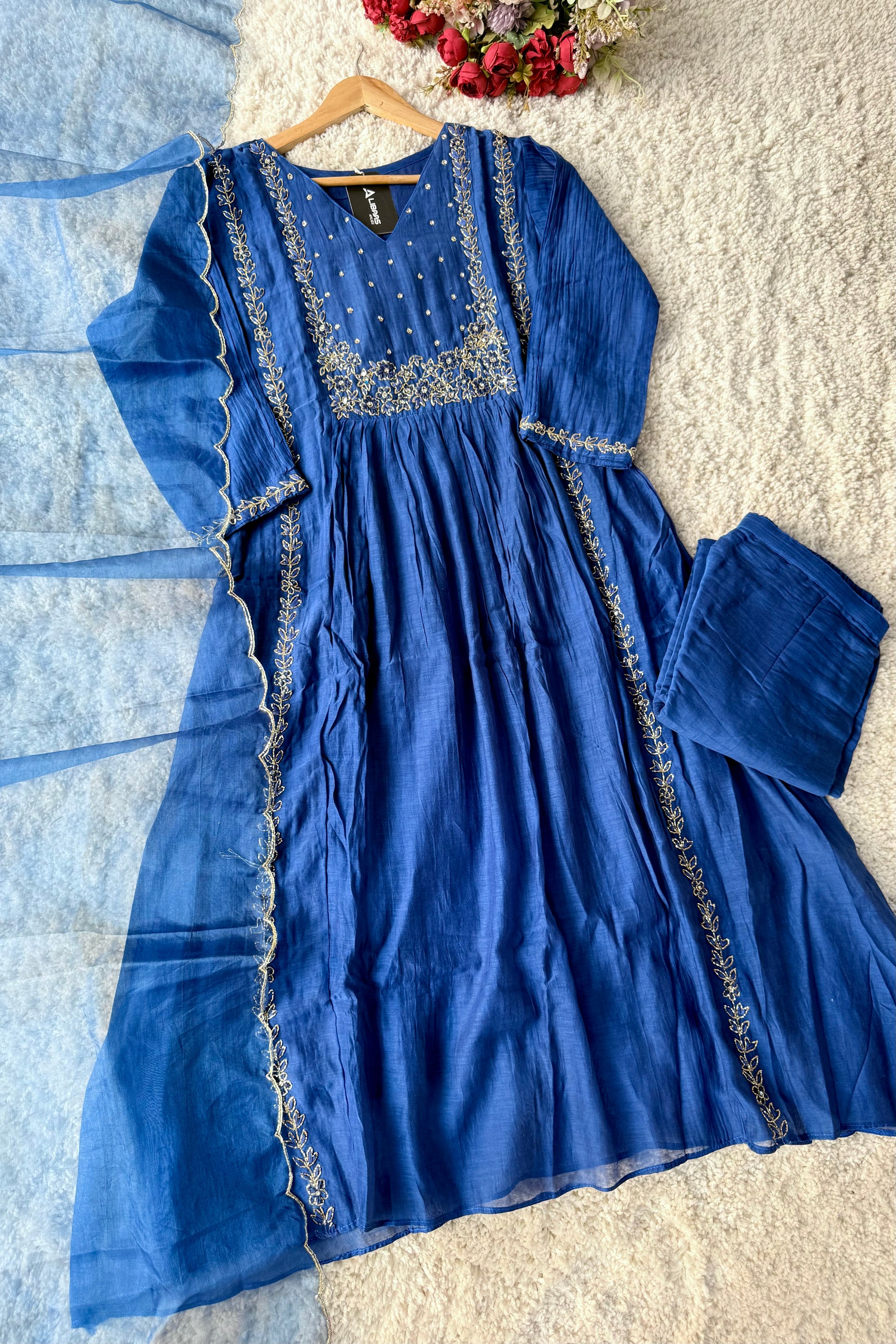 💙Ayza- Premium Blue Mul Chanderi A Line Suit set 🛍️