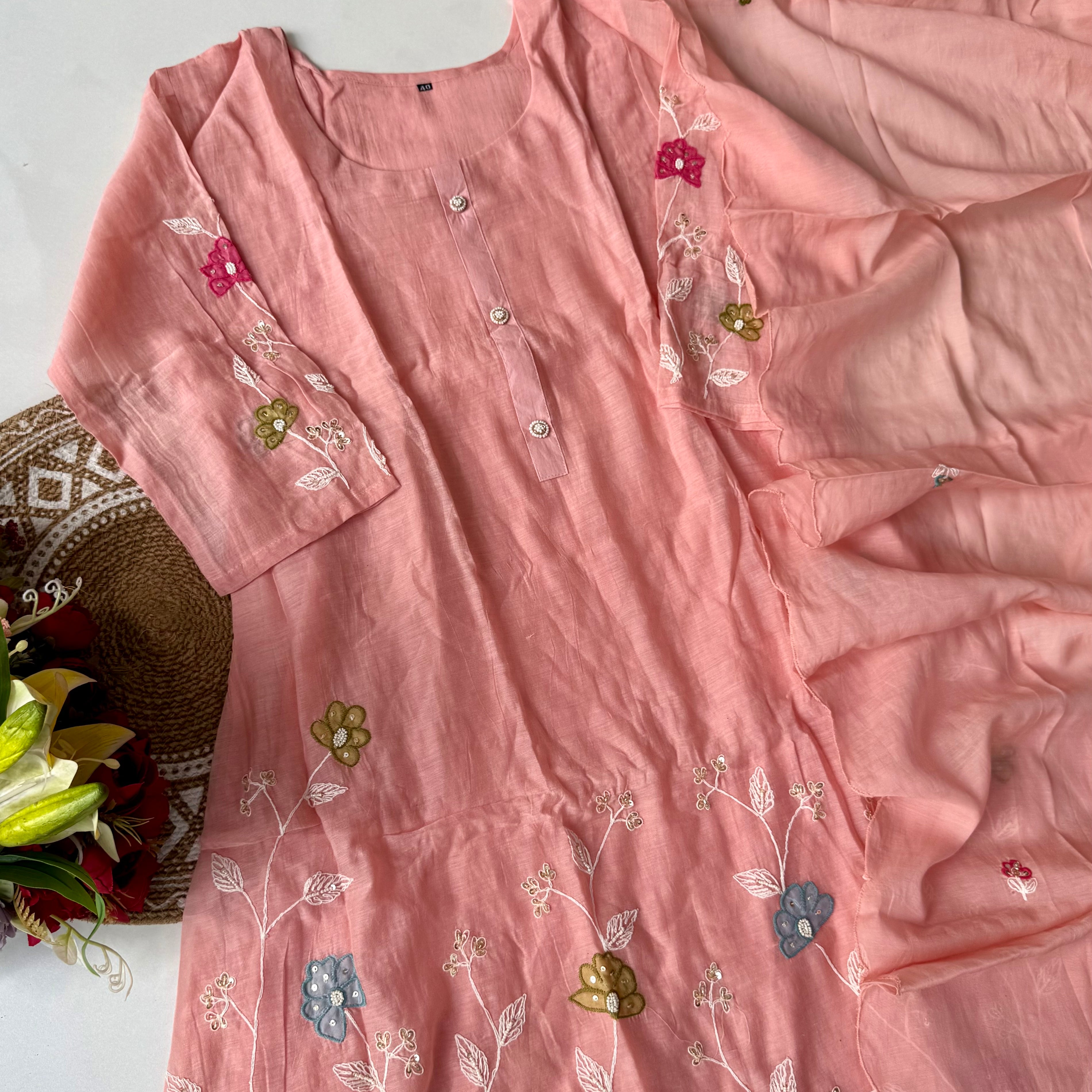 “Wow” Mul Chanderi Applique Embroidered A line Kurta Set