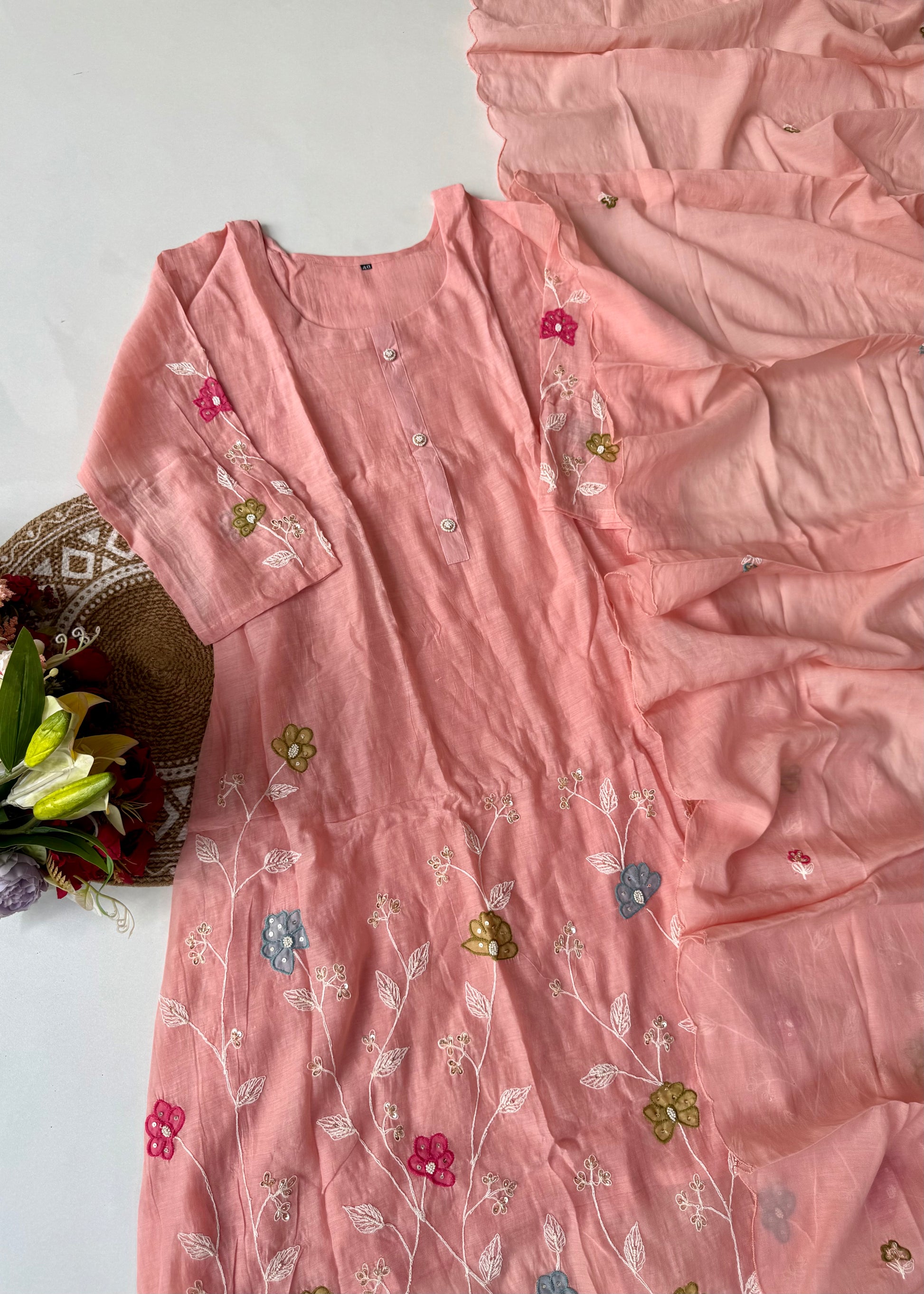 “Wow” Mul Chanderi Applique Embroidered A line Kurta Set
