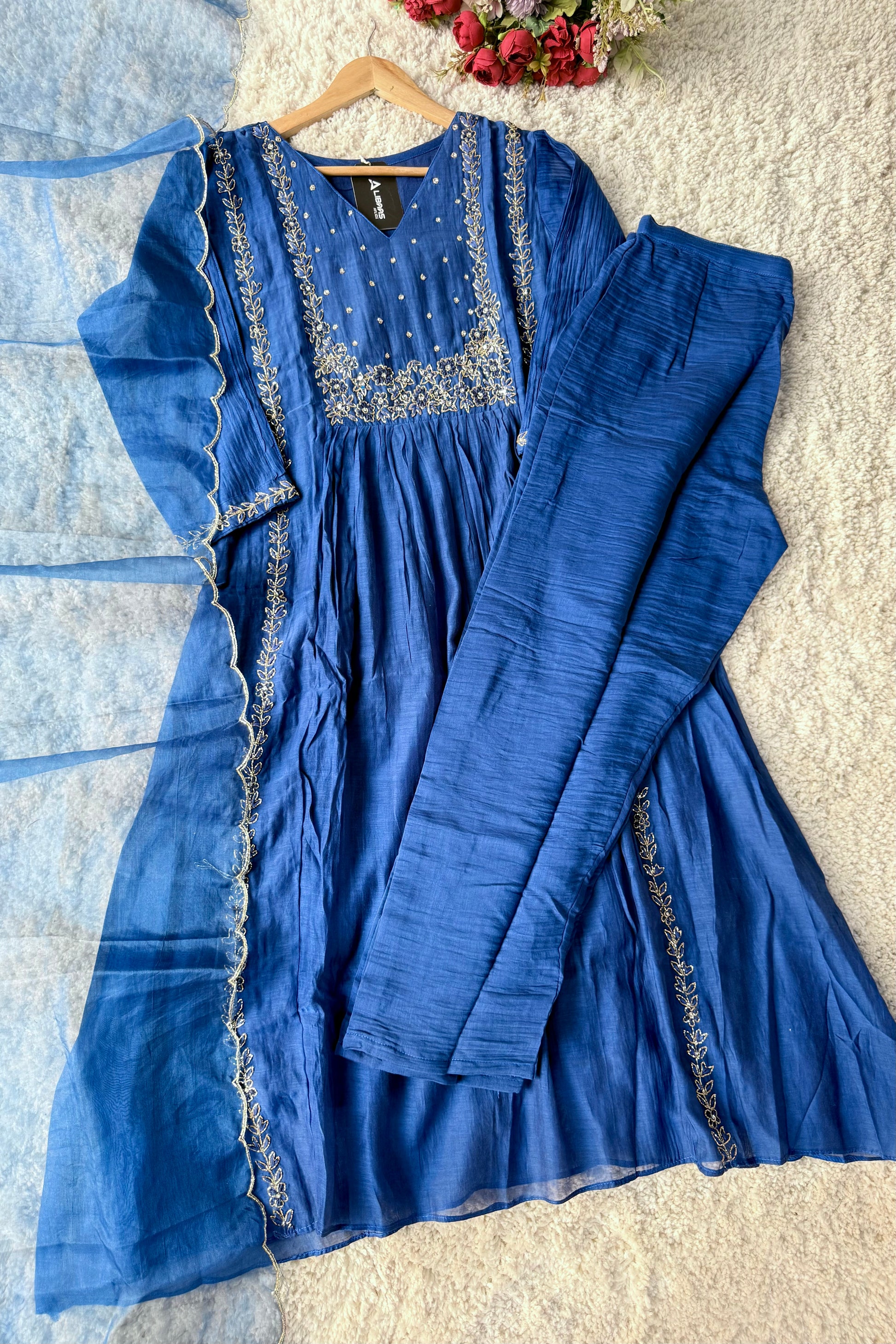 💙Ayza- Premium Blue Mul Chanderi A Line Suit set 🛍️