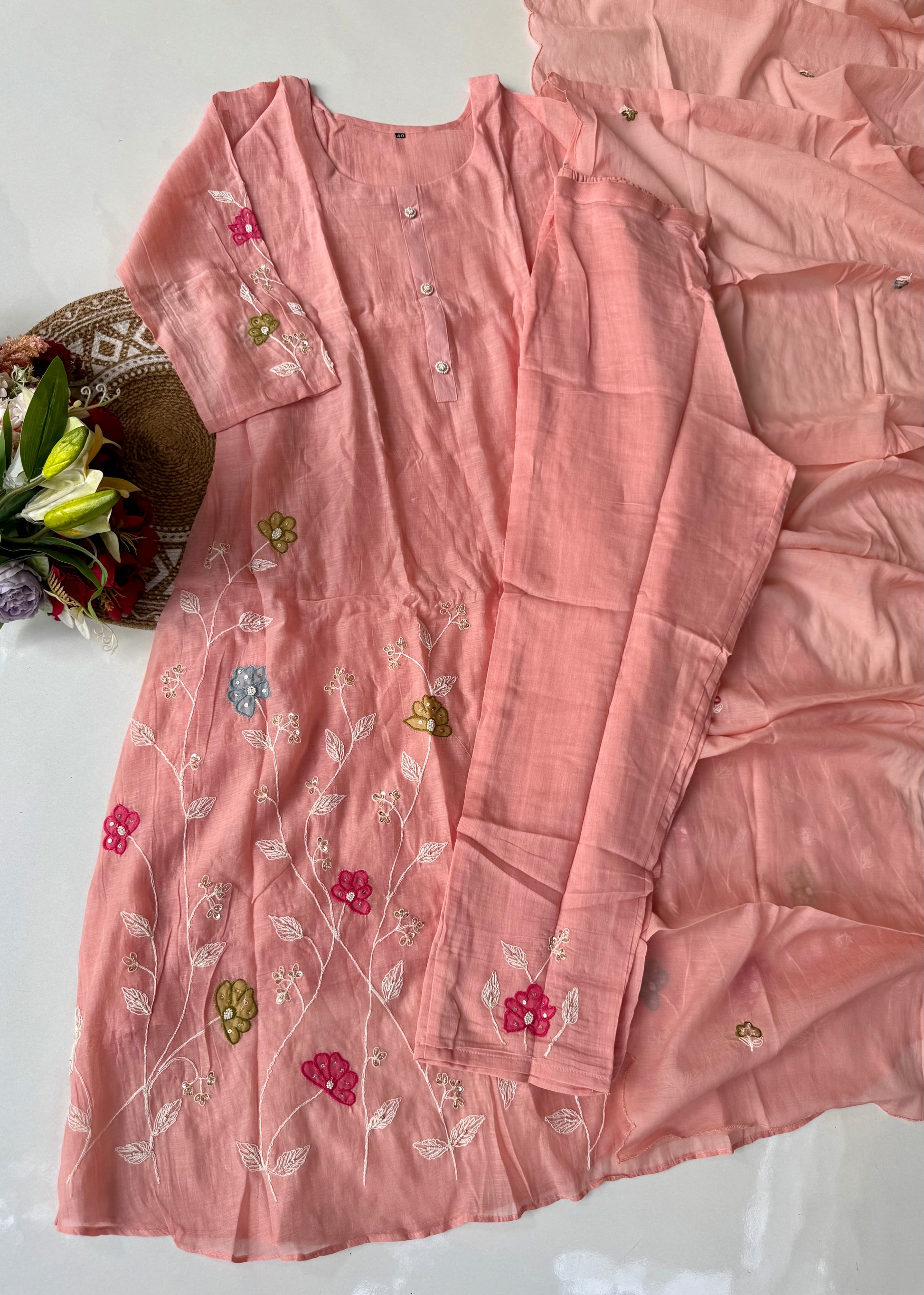 “Wow” Mul Chanderi Applique Embroidered A line Kurta Set