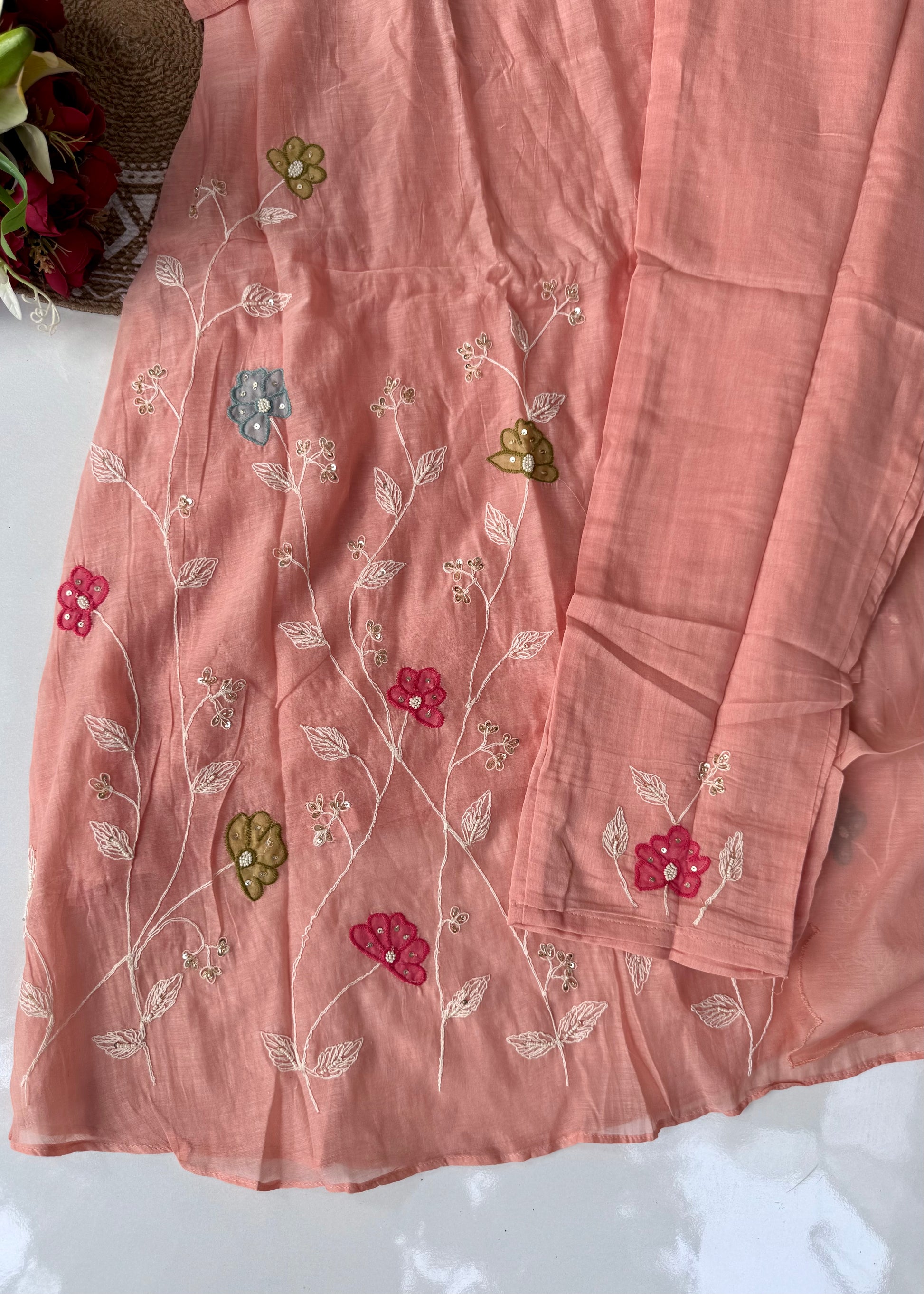 “Wow” Mul Chanderi Applique Embroidered A line Kurta Set