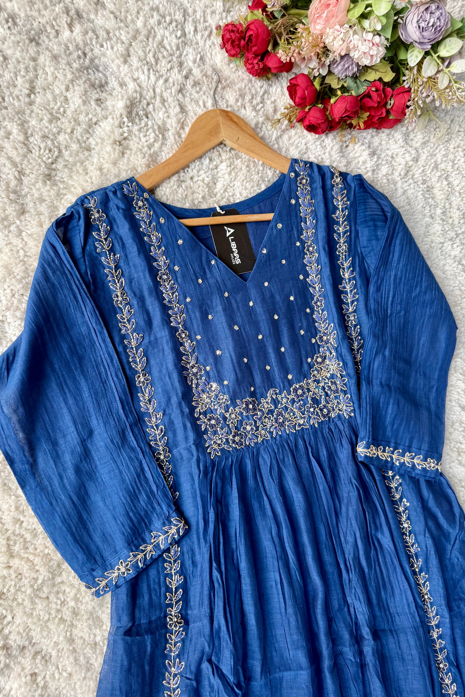 💙Ayza- Premium Blue Mul Chanderi A Line Suit set 🛍️