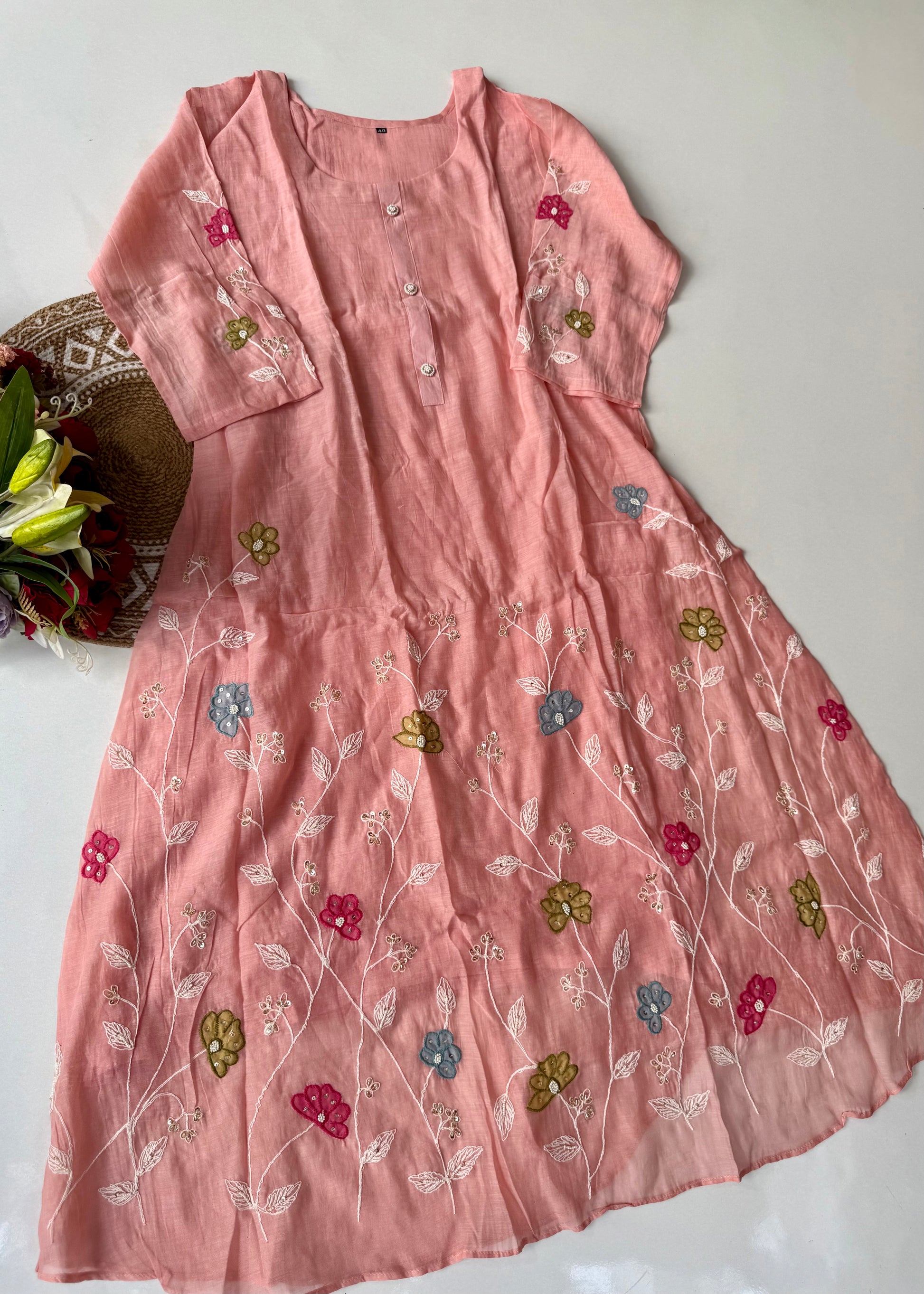 “Wow” Mul Chanderi Applique Embroidered A line Kurta Set