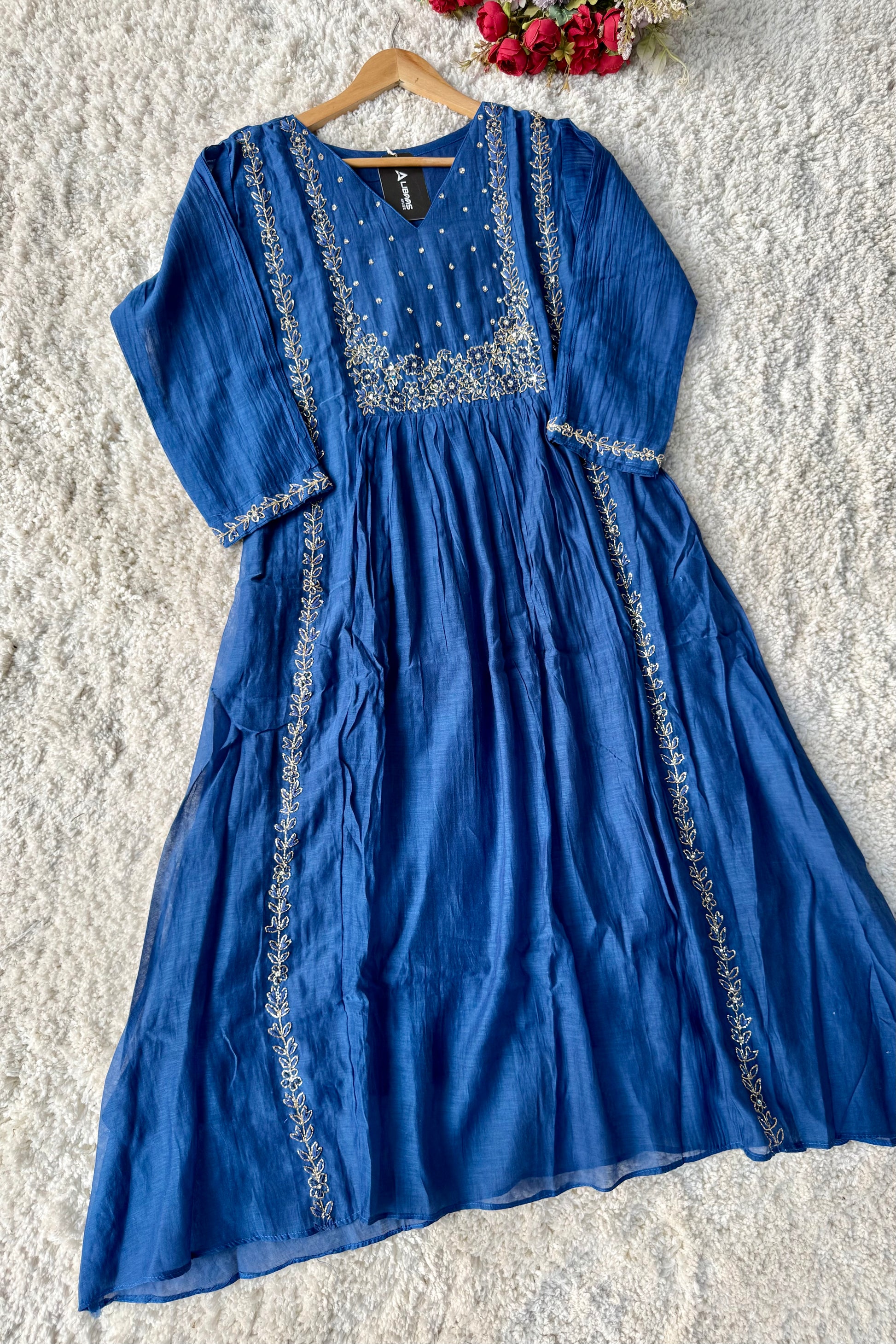 💙Ayza- Premium Blue Mul Chanderi A Line Suit set 🛍️