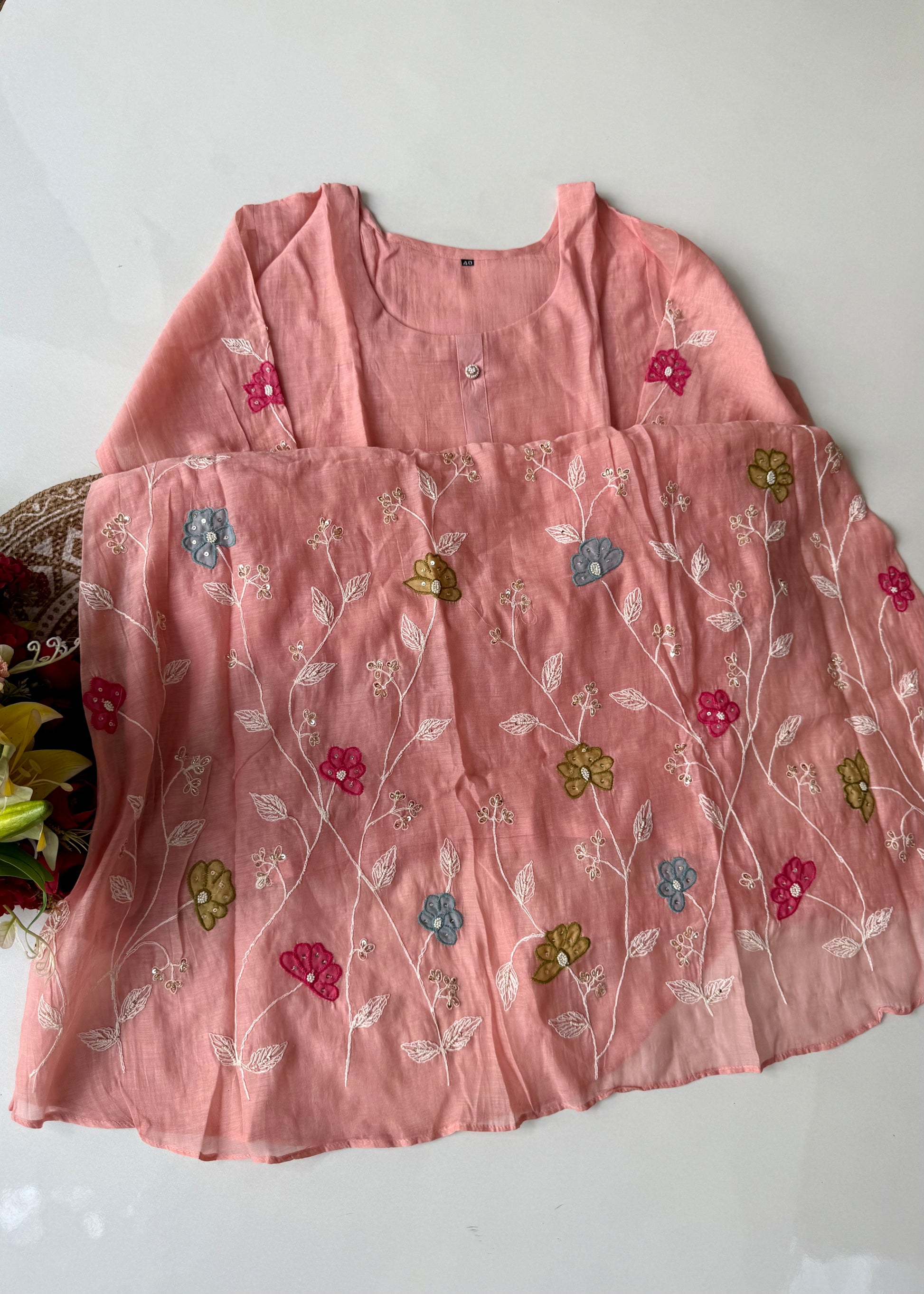 “Wow” Mul Chanderi Applique Embroidered A line Kurta Set
