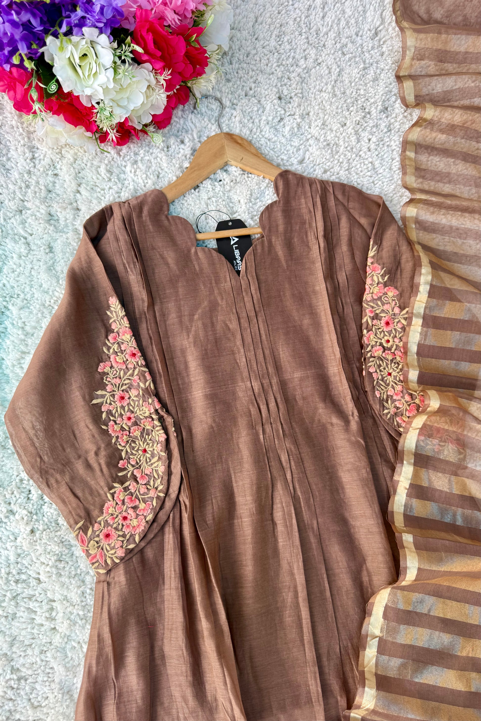 🛍️”Az021 – Premium Coffe Brown Mul Chanderi A Line Kurta Set