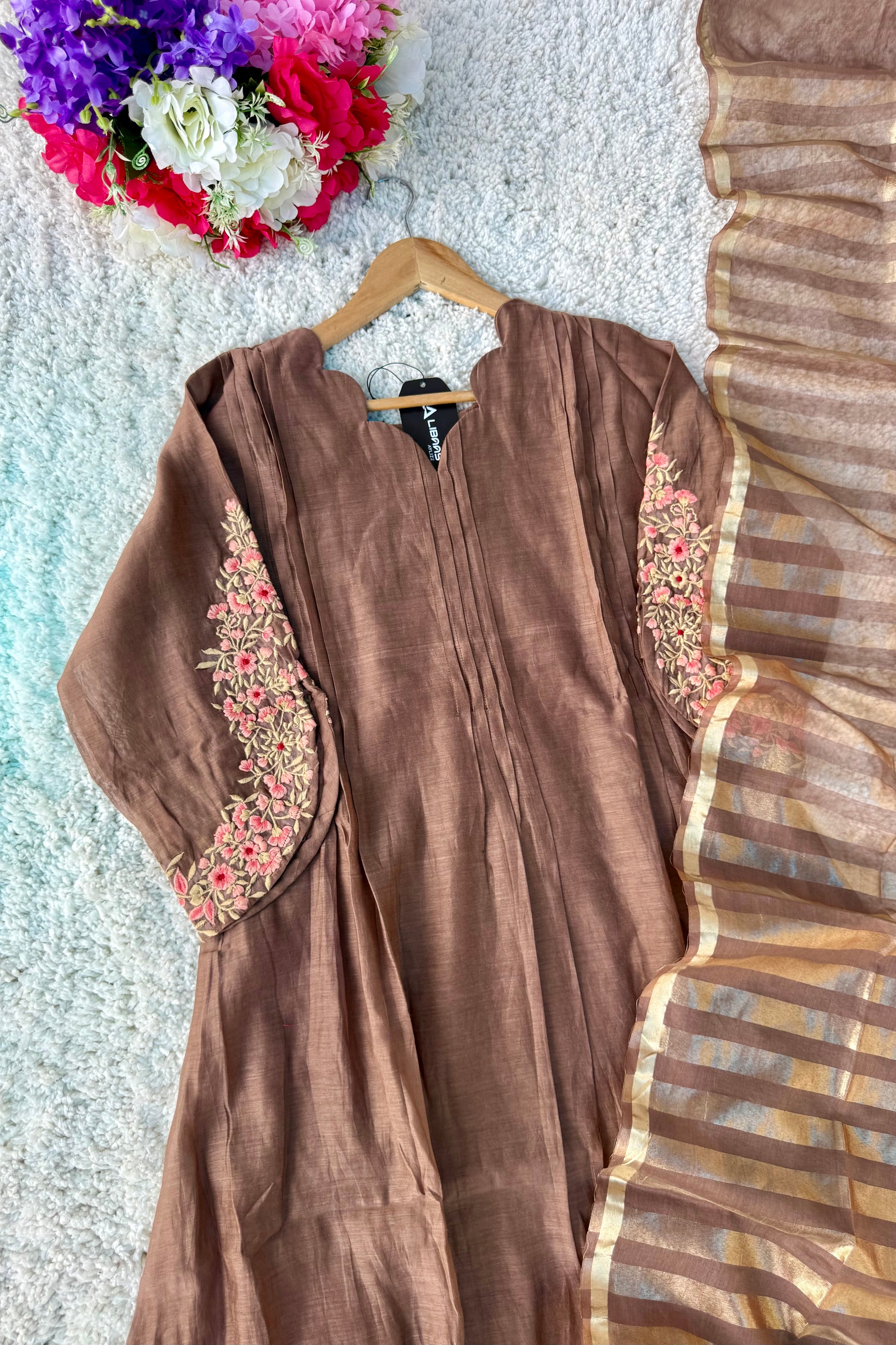 🛍️”Az021 – Premium Coffe Brown Mul Chanderi A Line Kurta Set