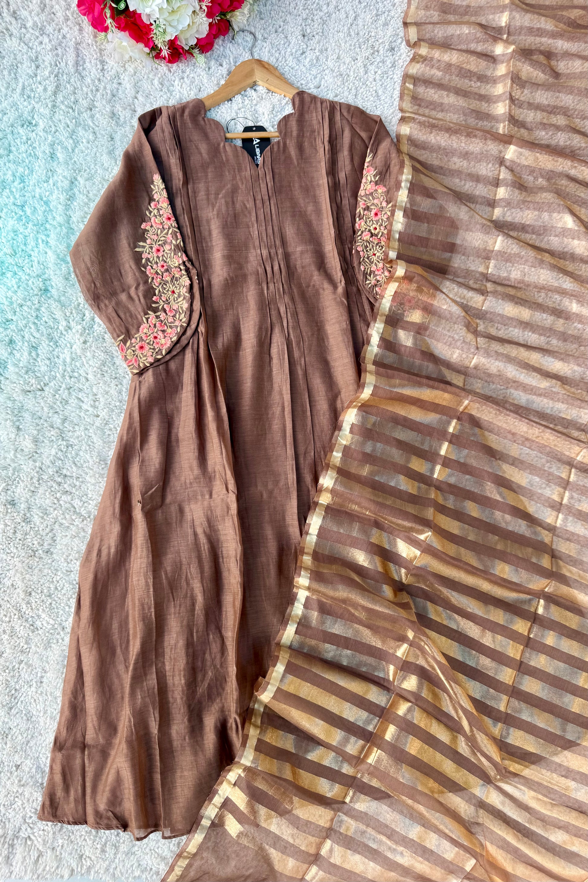 🛍️”Az021 – Premium Coffe Brown Mul Chanderi A Line Kurta Set