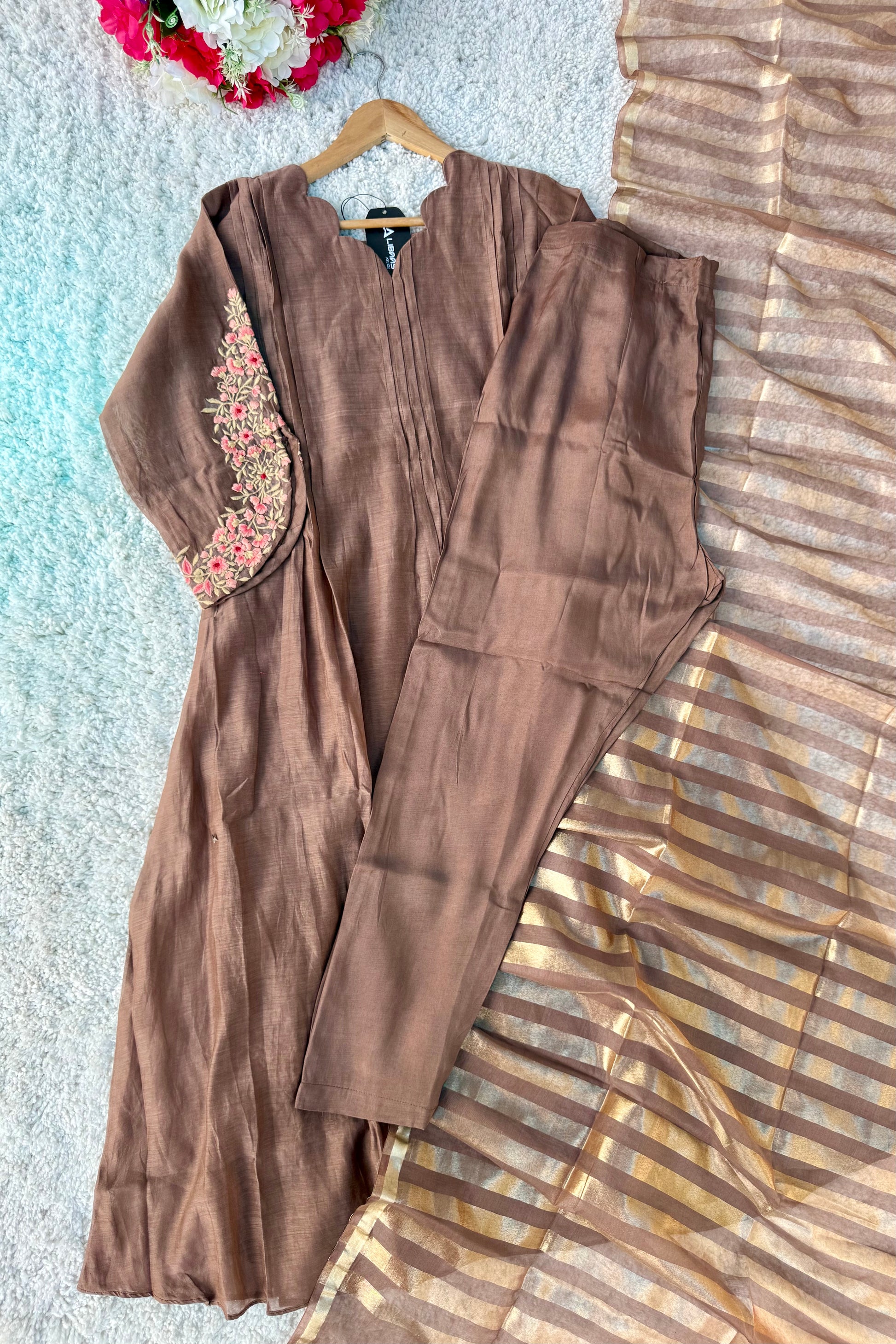 🛍️”Az021 – Premium Coffe Brown Mul Chanderi A Line Kurta Set