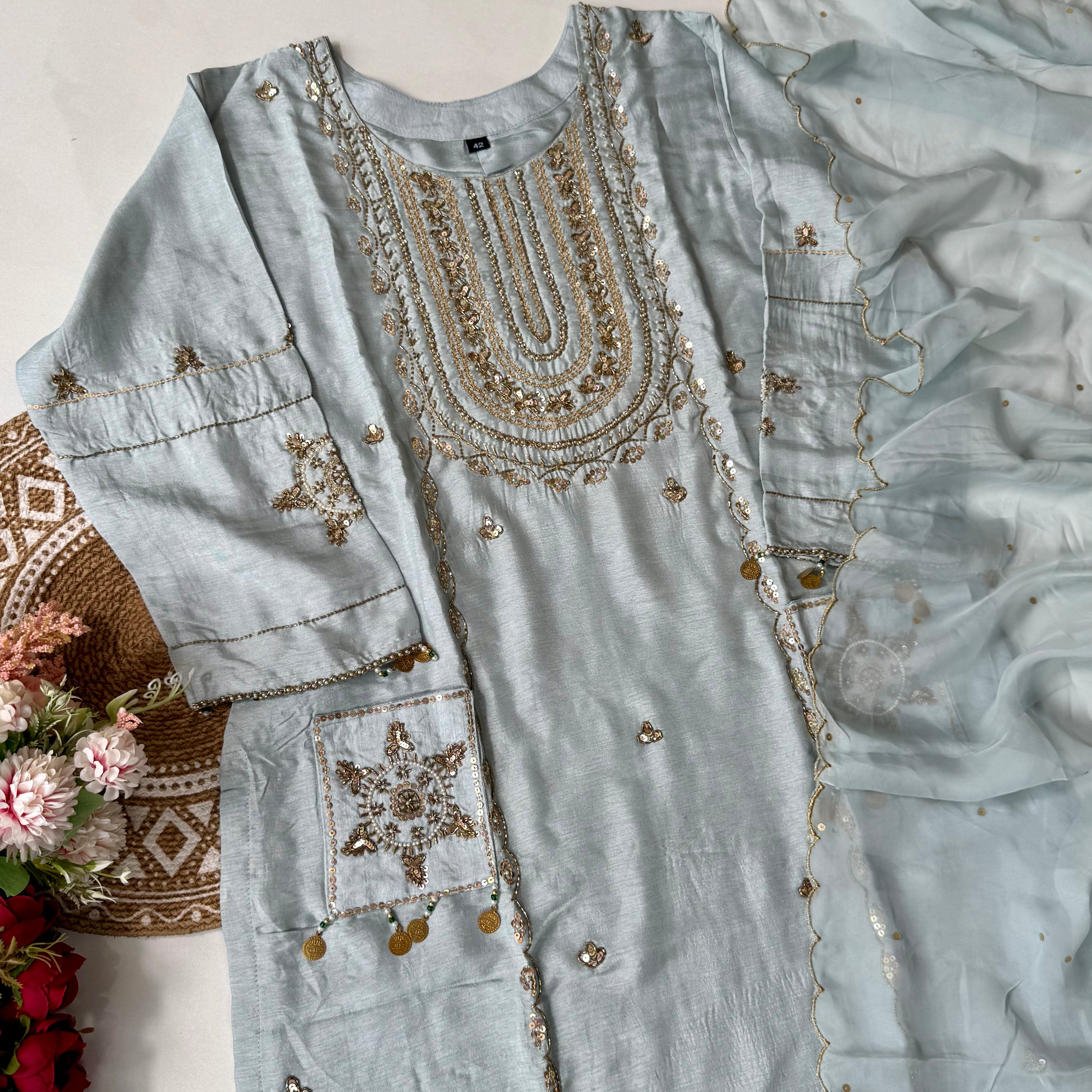 “Aylize” Elegant Dola Silk heavy handwork Kurta Set with Dupatta