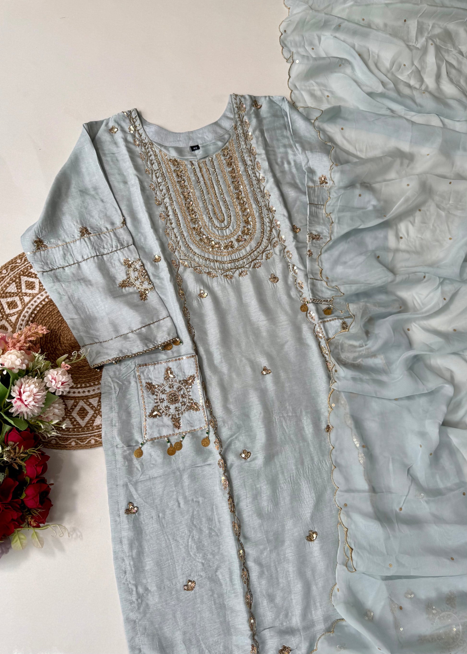 “Aylize” Elegant Dola Silk heavy handwork Kurta Set with Dupatta