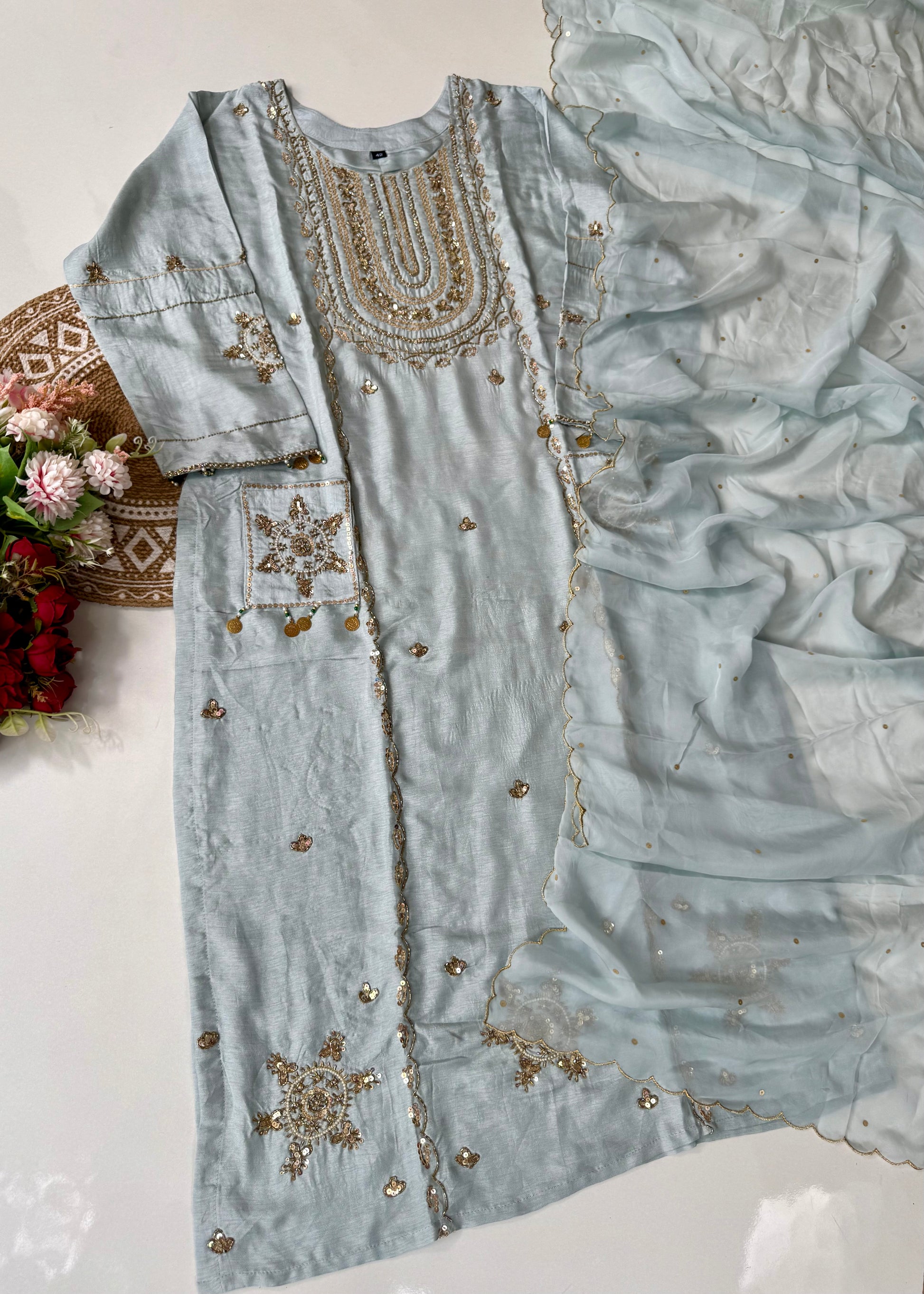 “Aylize” Elegant Dola Silk heavy handwork Kurta Set with Dupatta