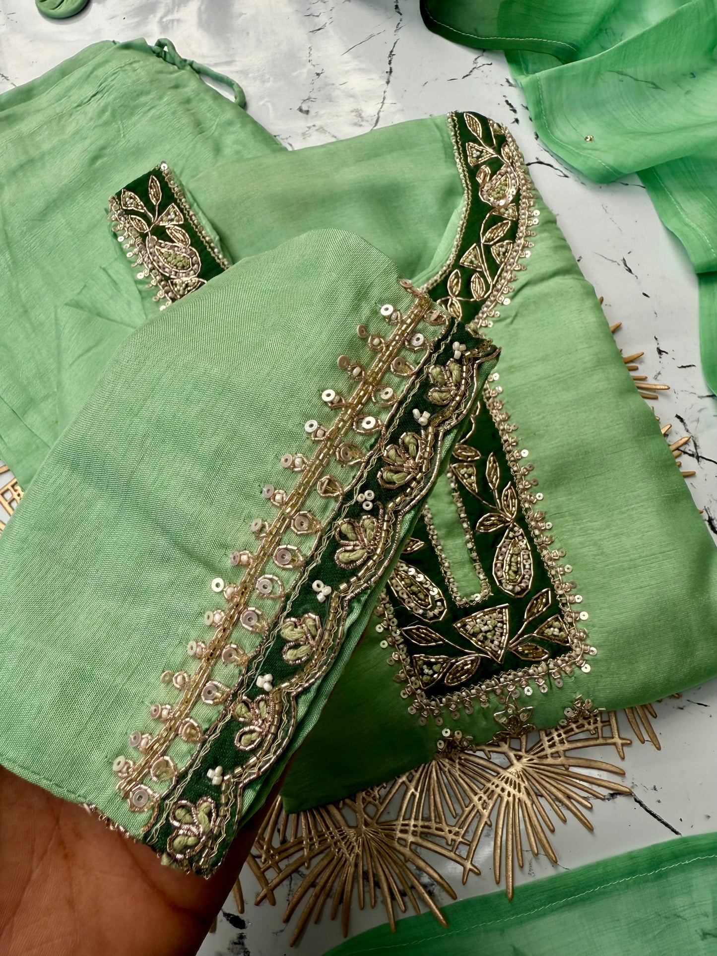 “Liana” Beautiful Sea green shade Handwork kurta set