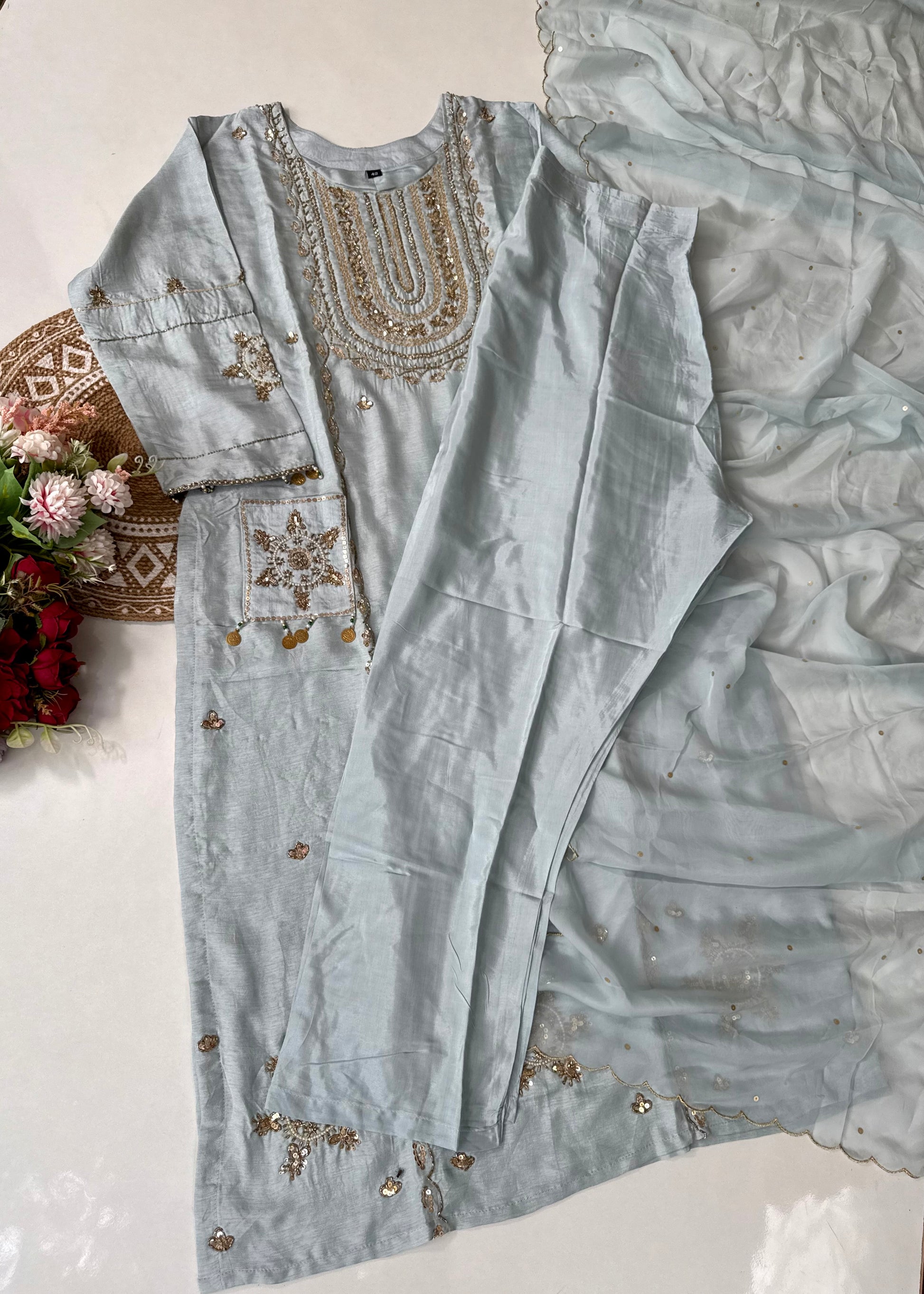 “Aylize” Elegant Dola Silk heavy handwork Kurta Set with Dupatta
