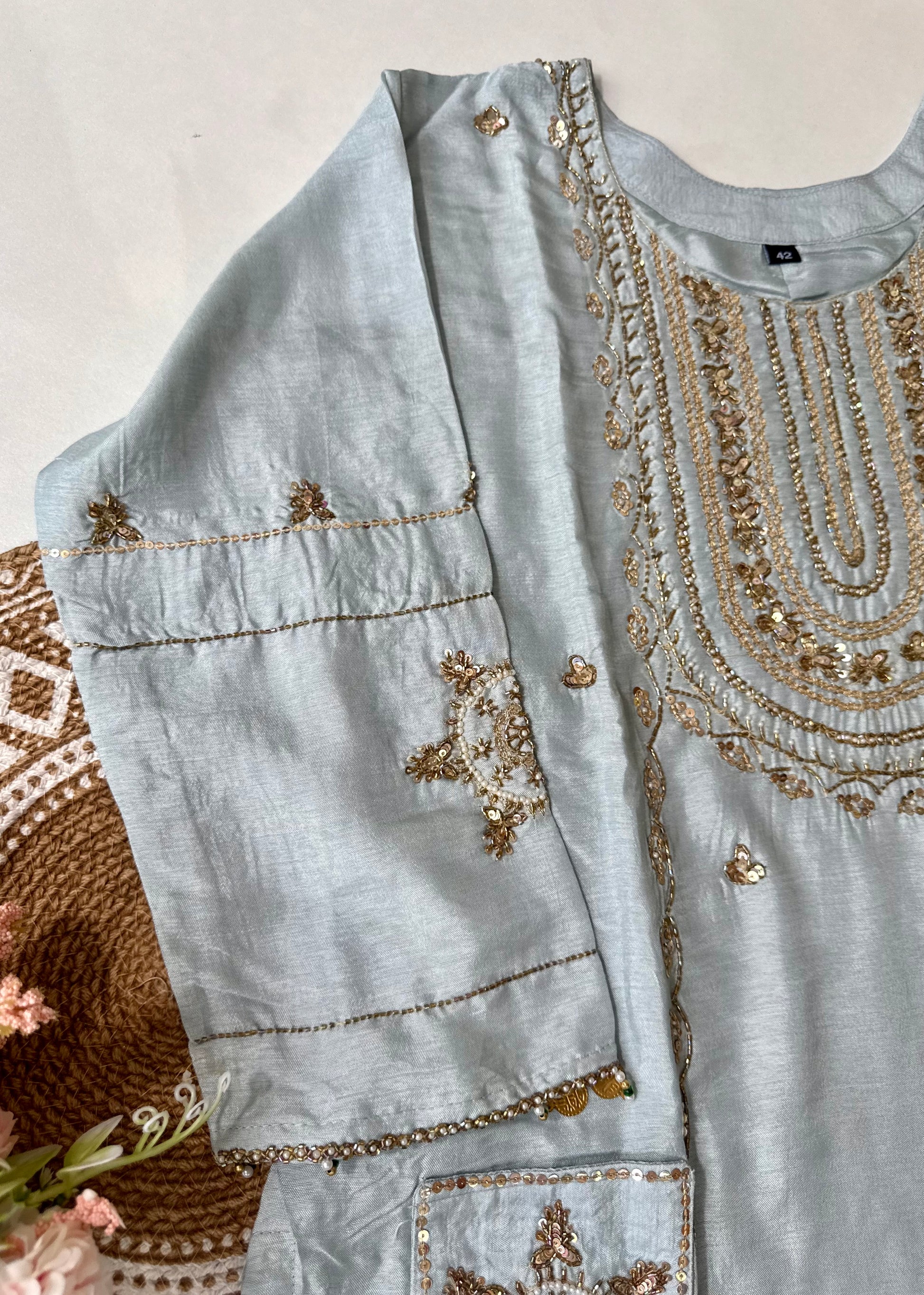 “Aylize” Elegant Dola Silk heavy handwork Kurta Set with Dupatta