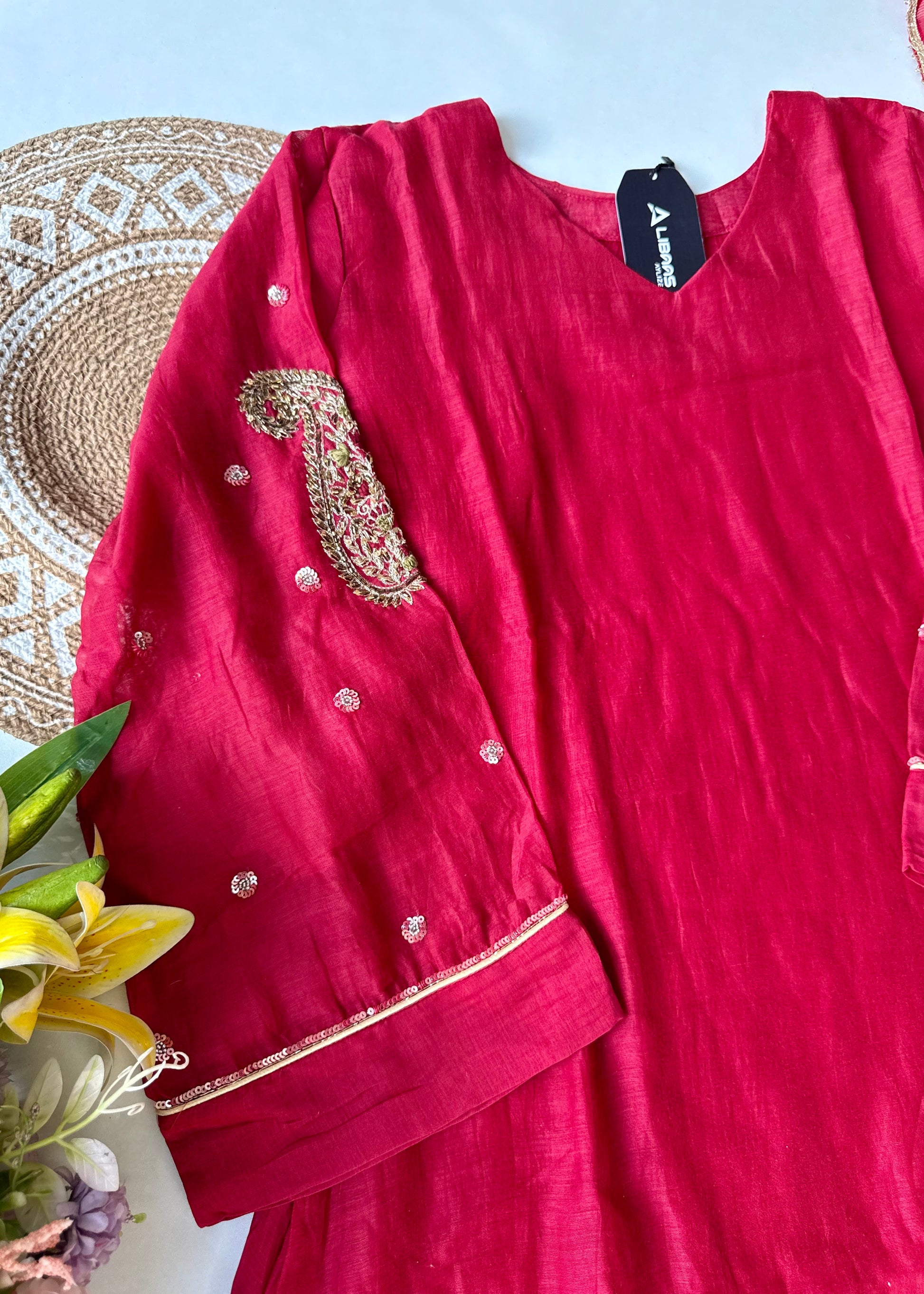 “Navya” Beautiful Red Mul Chanderi A line Anarkali Kurta Set