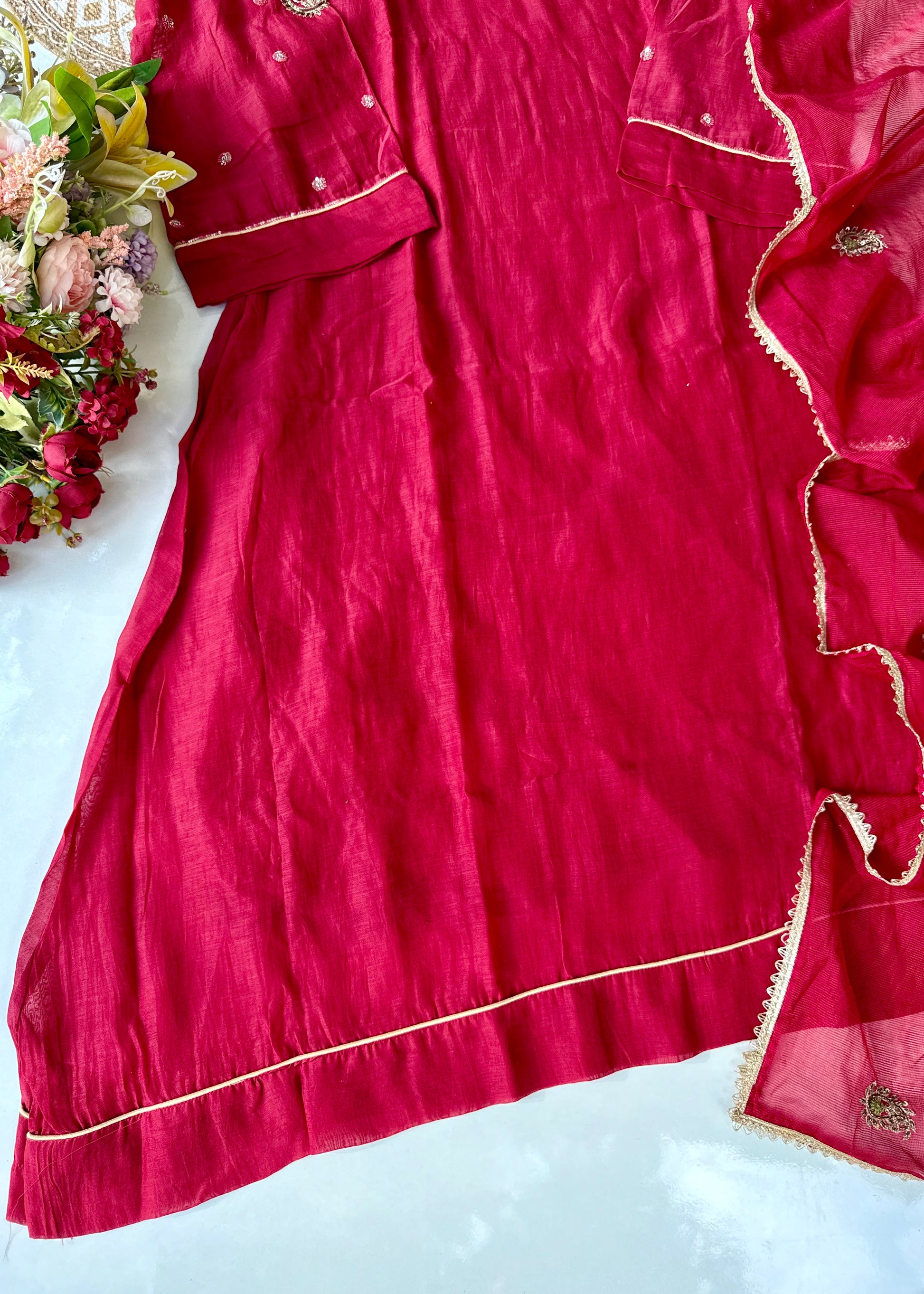 “Navya” Beautiful Red Mul Chanderi A line Anarkali Kurta Set