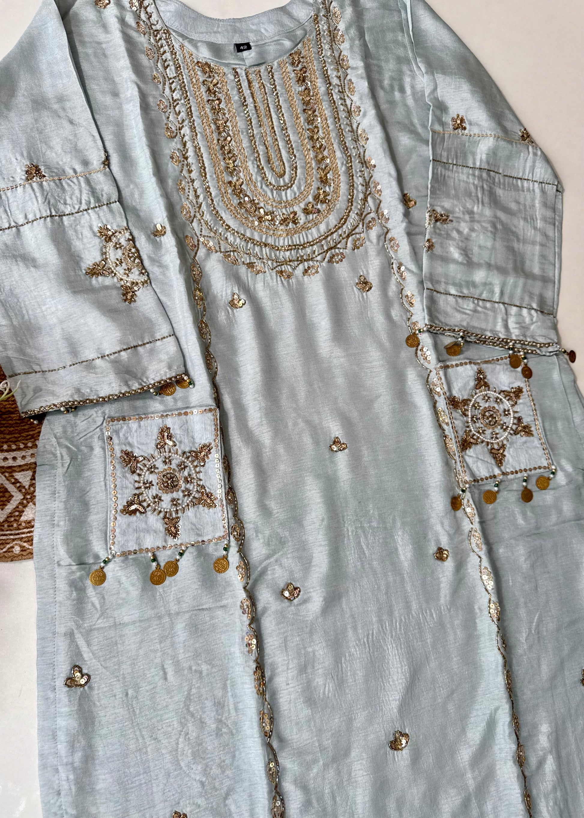“Aylize” Elegant Dola Silk heavy handwork Kurta Set with Dupatta