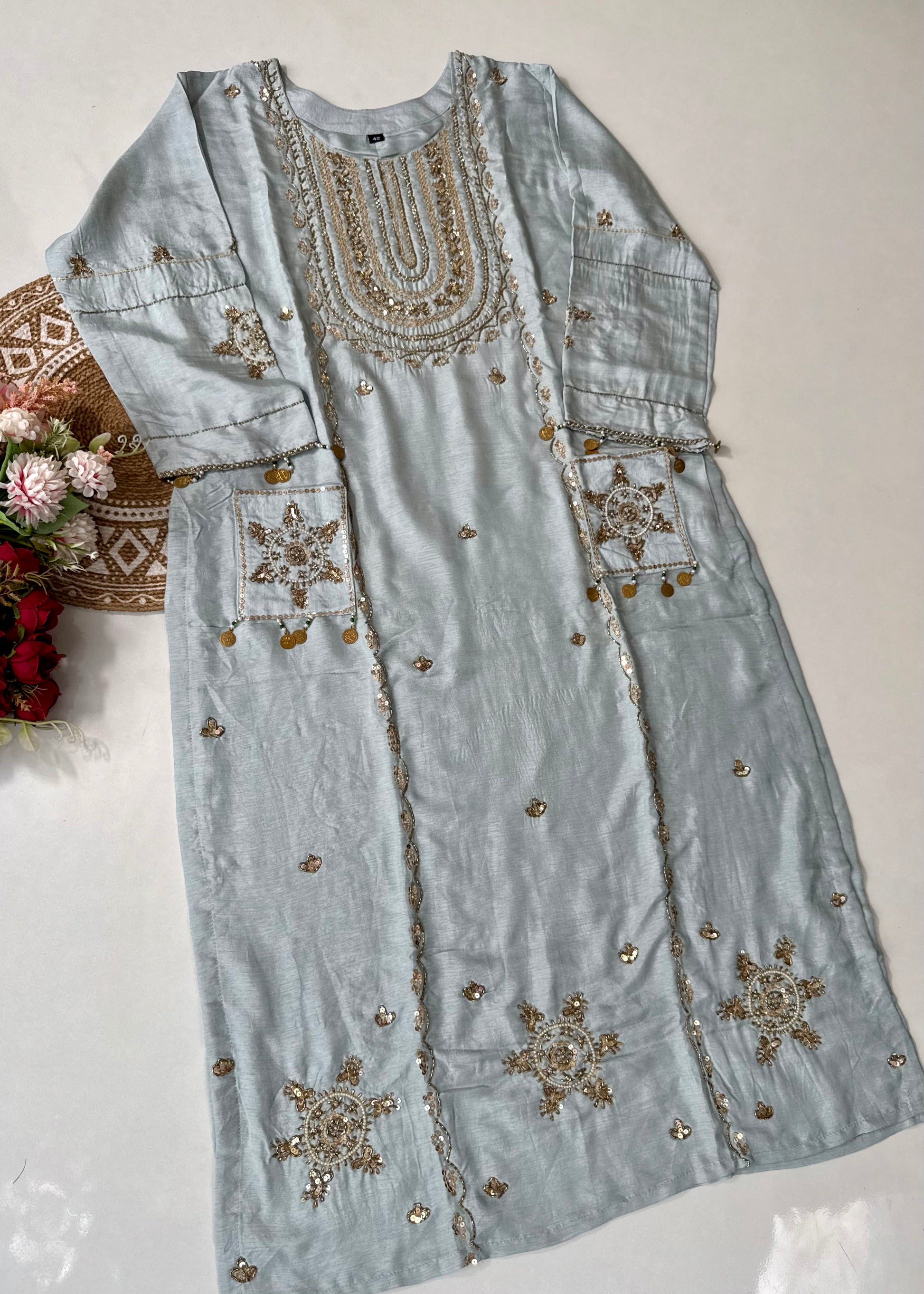 “Aylize” Elegant Dola Silk heavy handwork Kurta Set with Dupatta