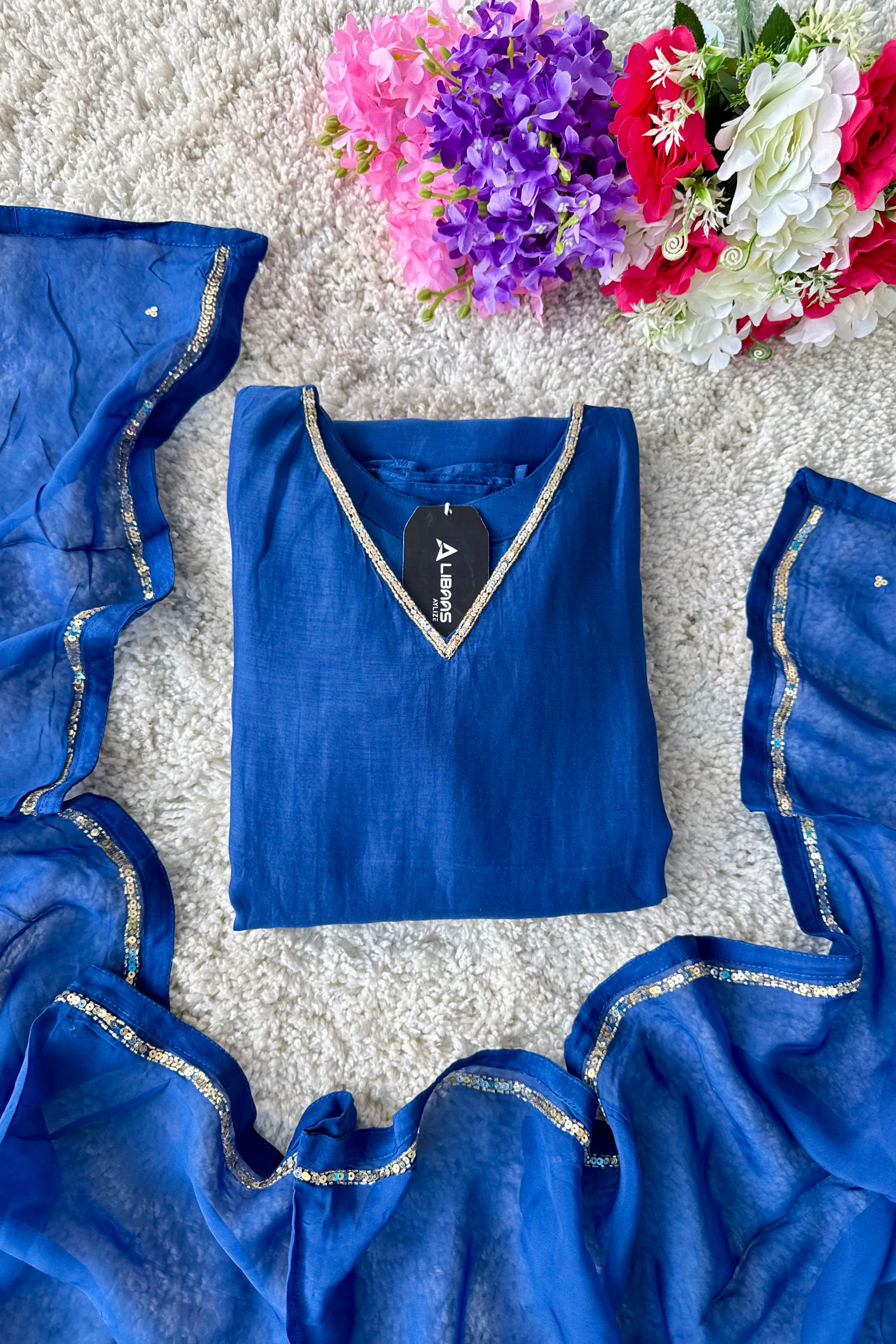 💙”Magic- Party Wear Royal Blue Mul Chanderi A Line Suit set 🛍️