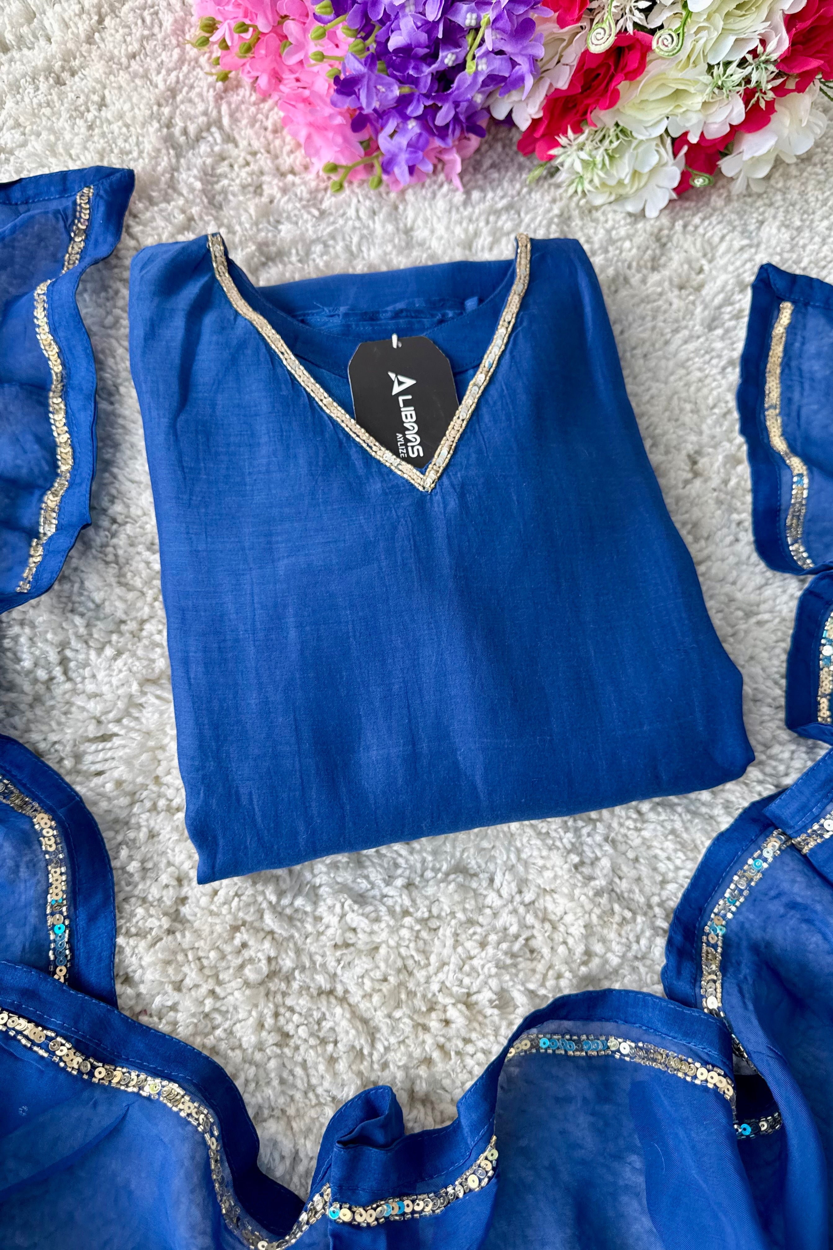 💙”Magic- Party Wear Royal Blue Mul Chanderi A Line Suit set 🛍️