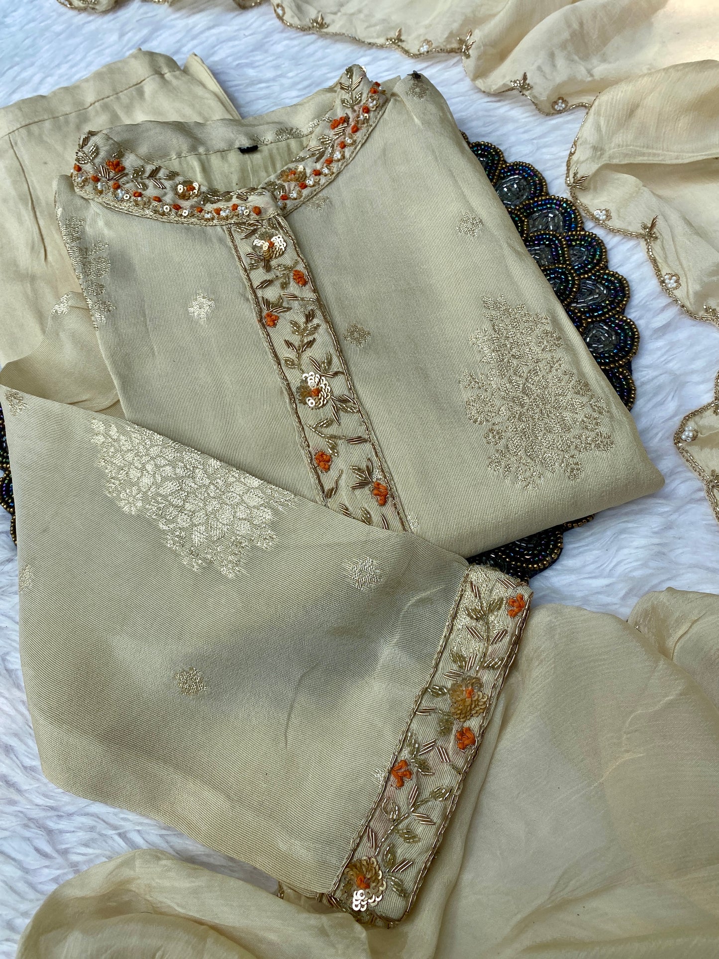 “JANVI” Self design Tissue silk kurta bottom with dupatta set