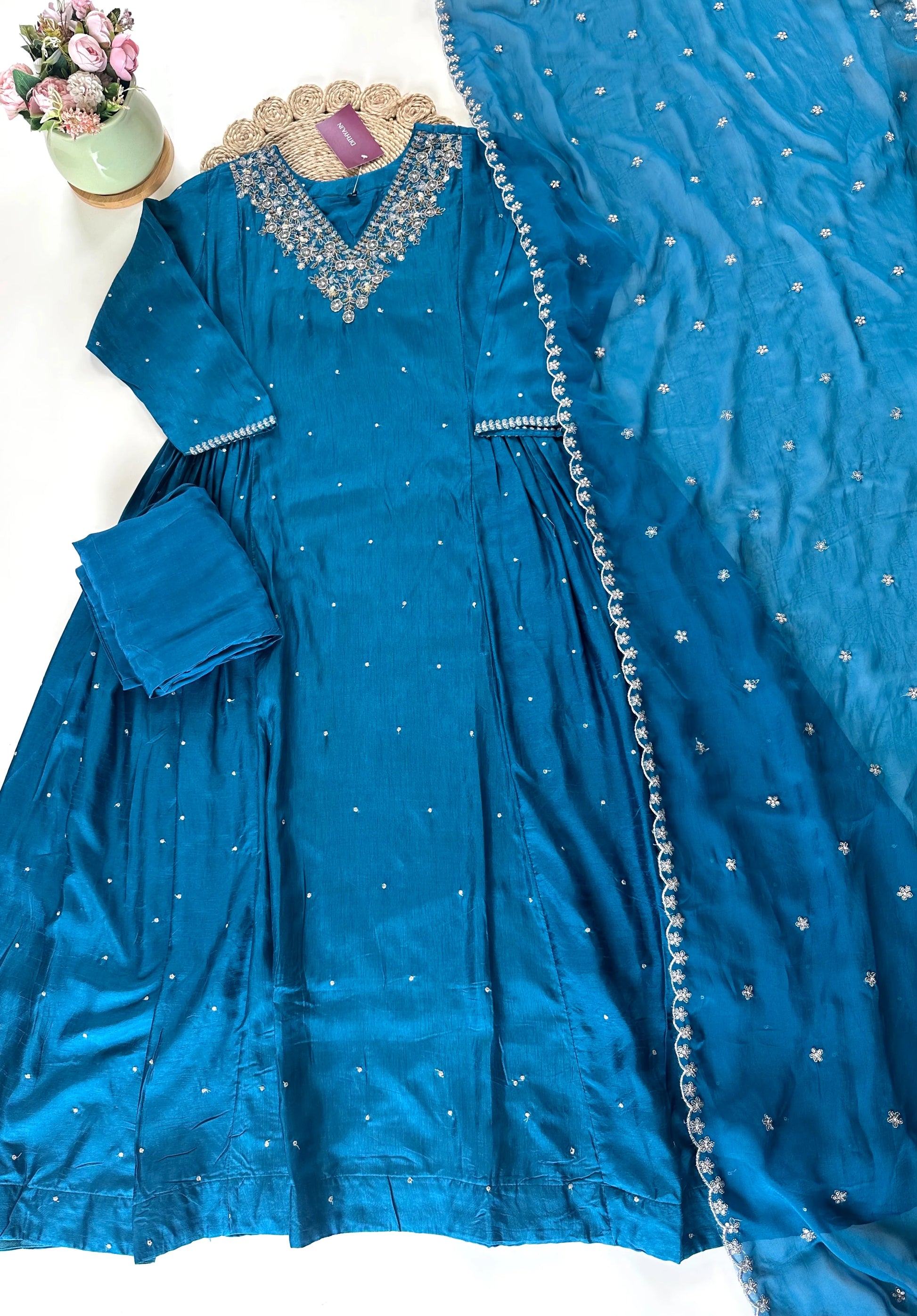 "Rahbar" Tissue silk handwork Anarkali with pants and organza dupatta