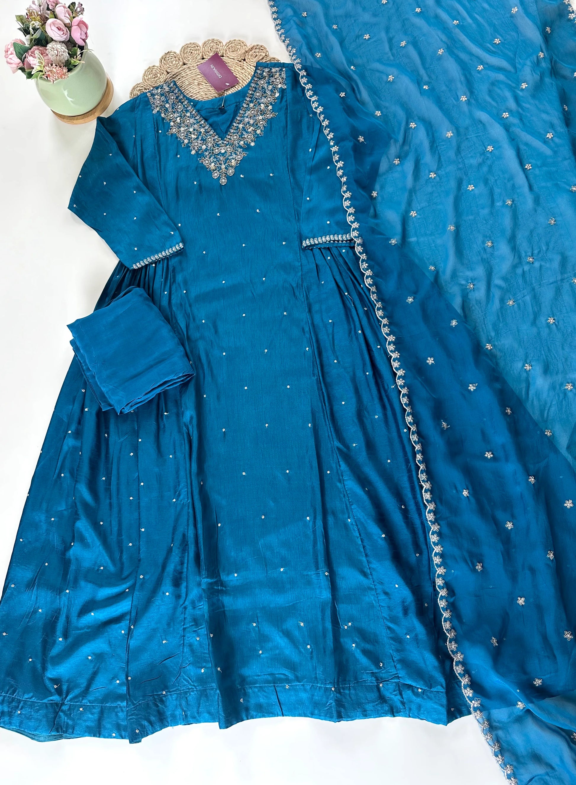 "Rahbar" Tissue silk handwork Anarkali with pants and organza dupatta