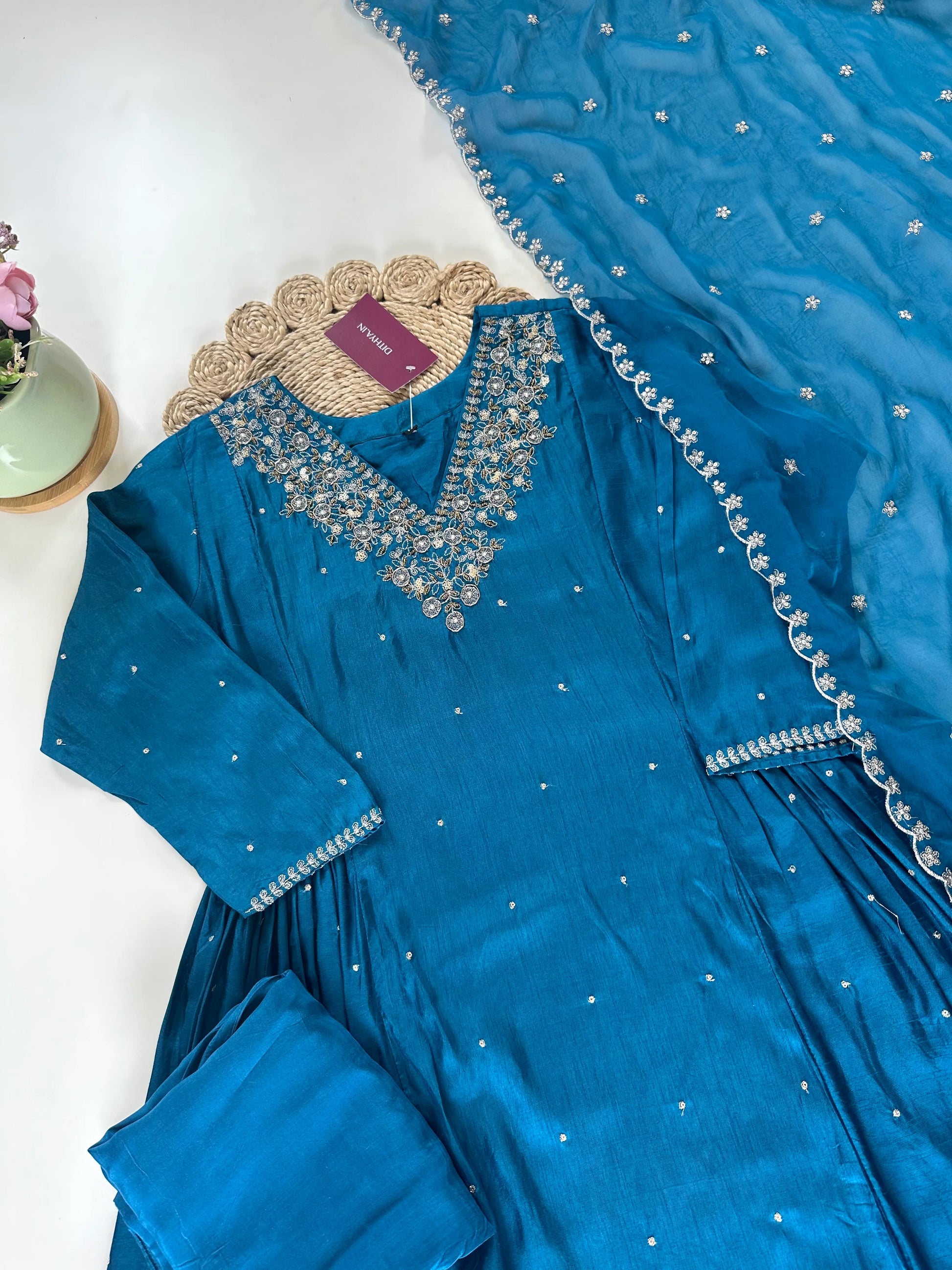 "Rahbar" Tissue silk handwork Anarkali with pants and organza dupatta