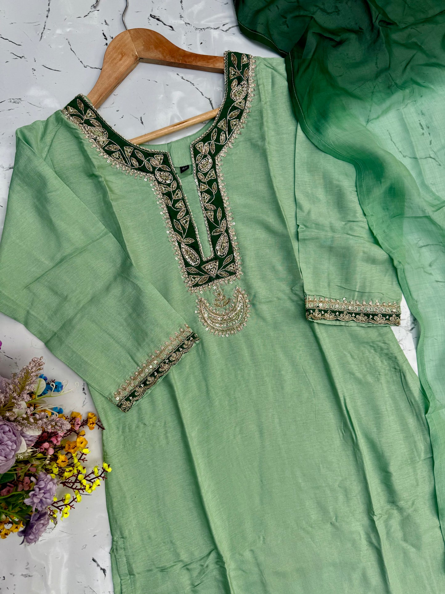 “Liana” Beautiful Sea green shade Handwork kurta set