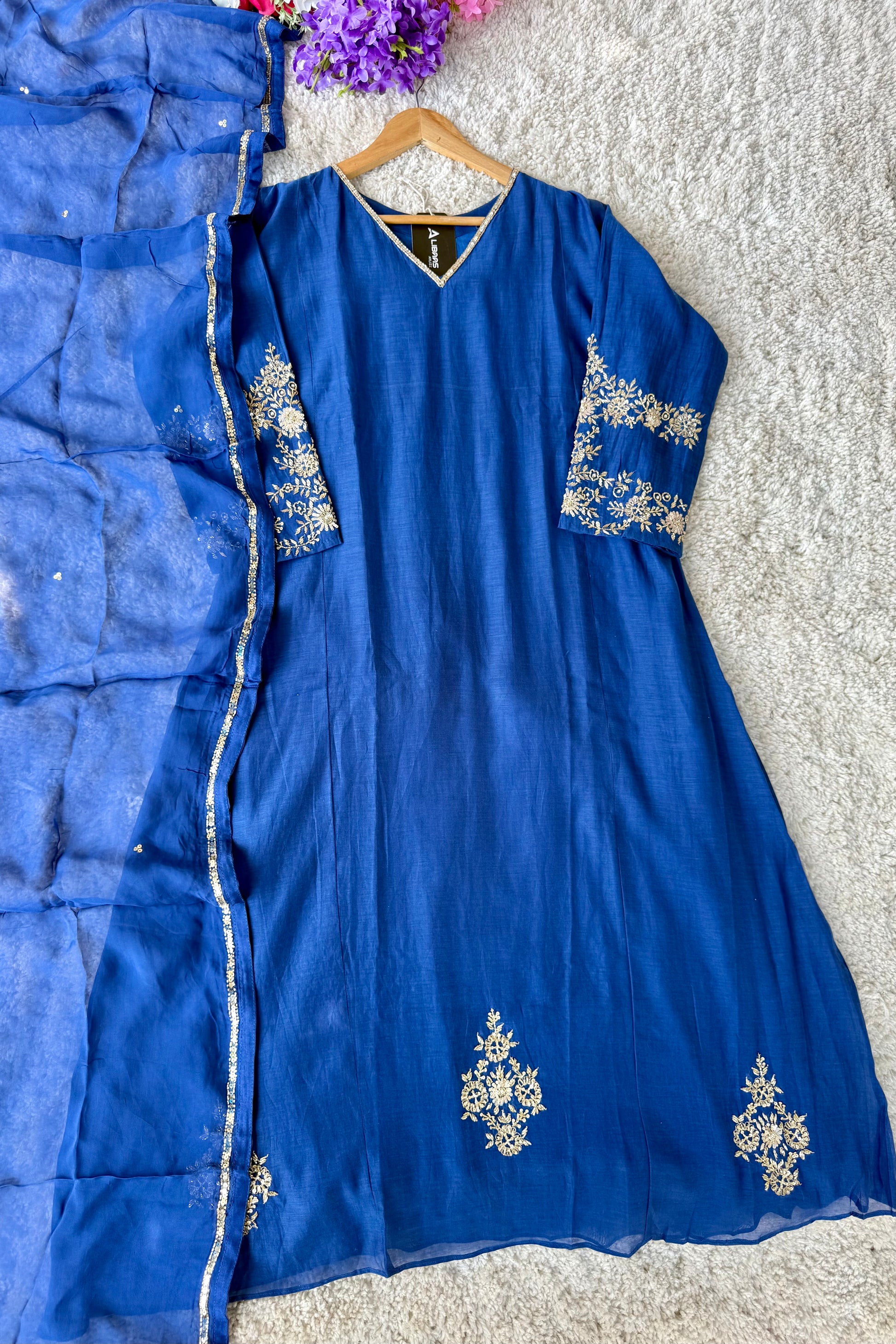💙”Magic- Party Wear Royal Blue Mul Chanderi A Line Suit set 🛍️