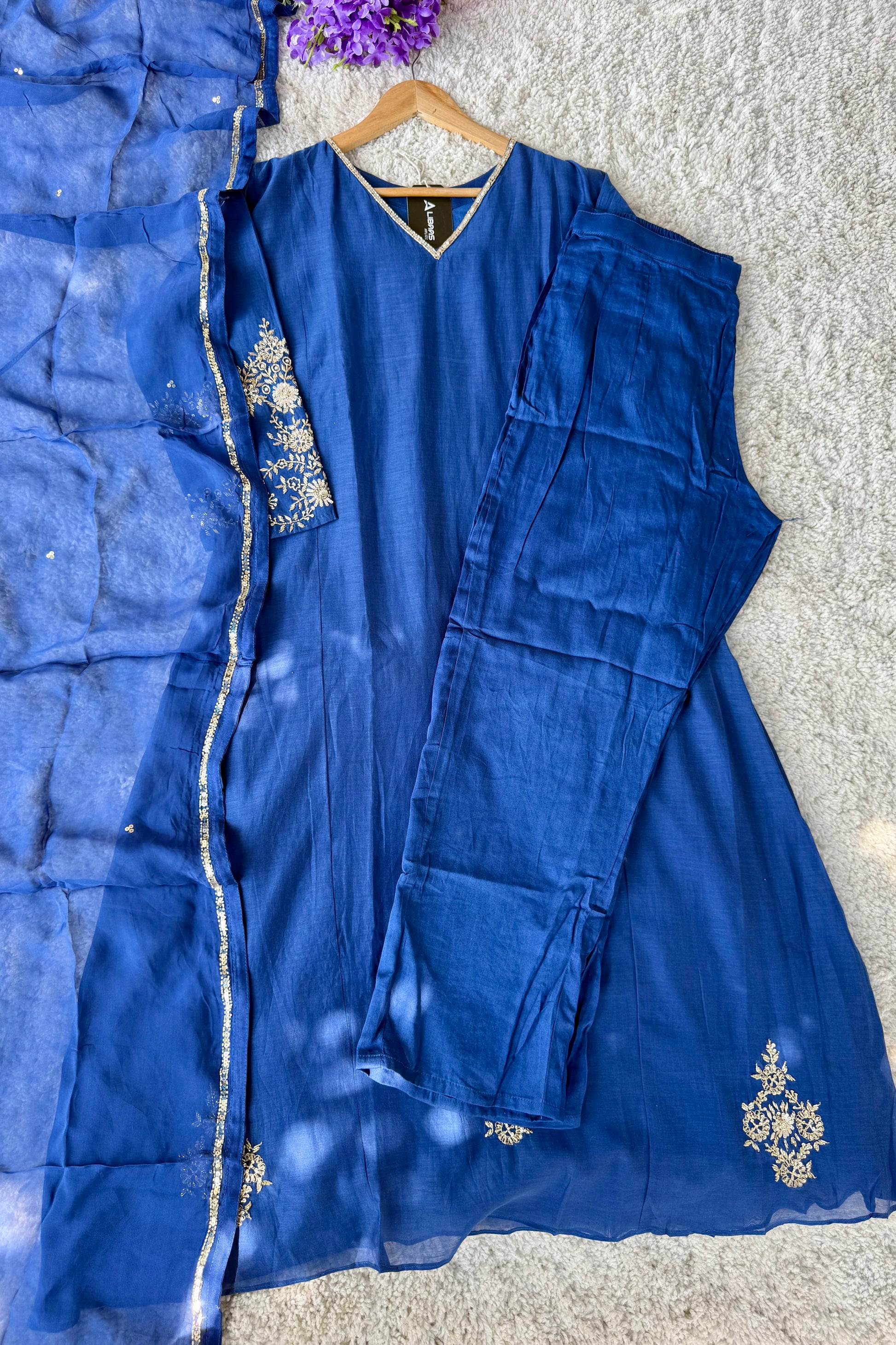 💙”Magic- Party Wear Royal Blue Mul Chanderi A Line Suit set 🛍️
