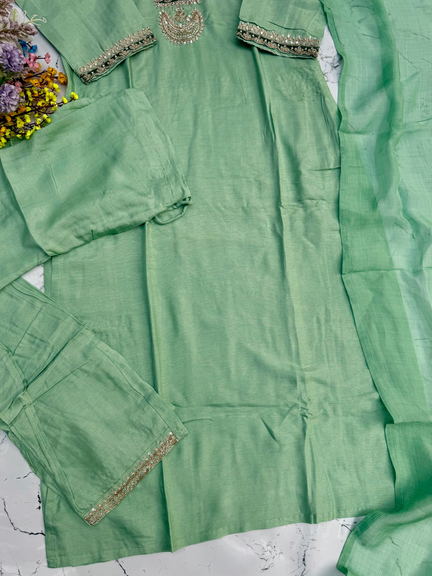 “Liana” Beautiful Sea green shade Handwork kurta set