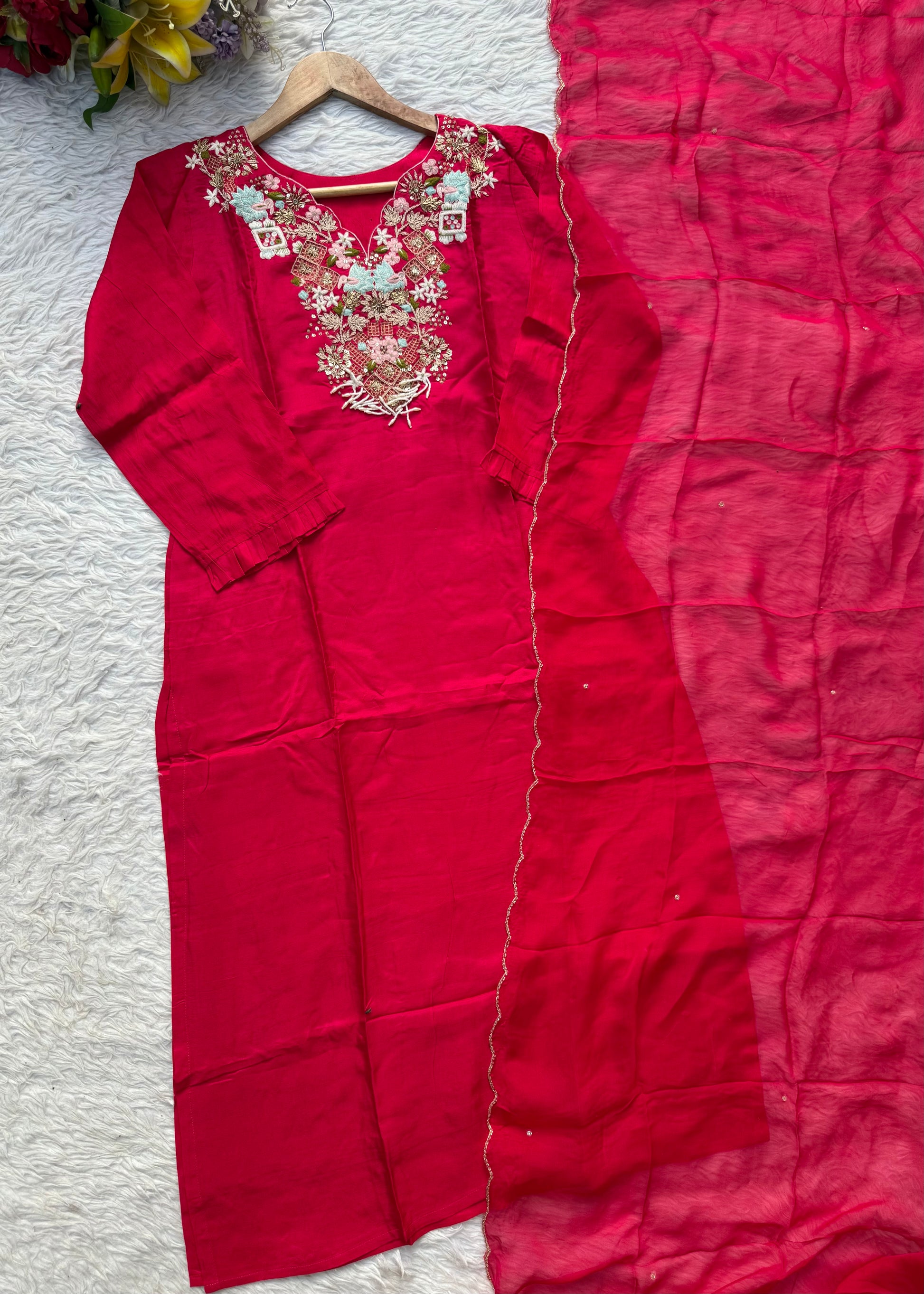 “Aahana ” Premium heavy handwork dola silk kurti set