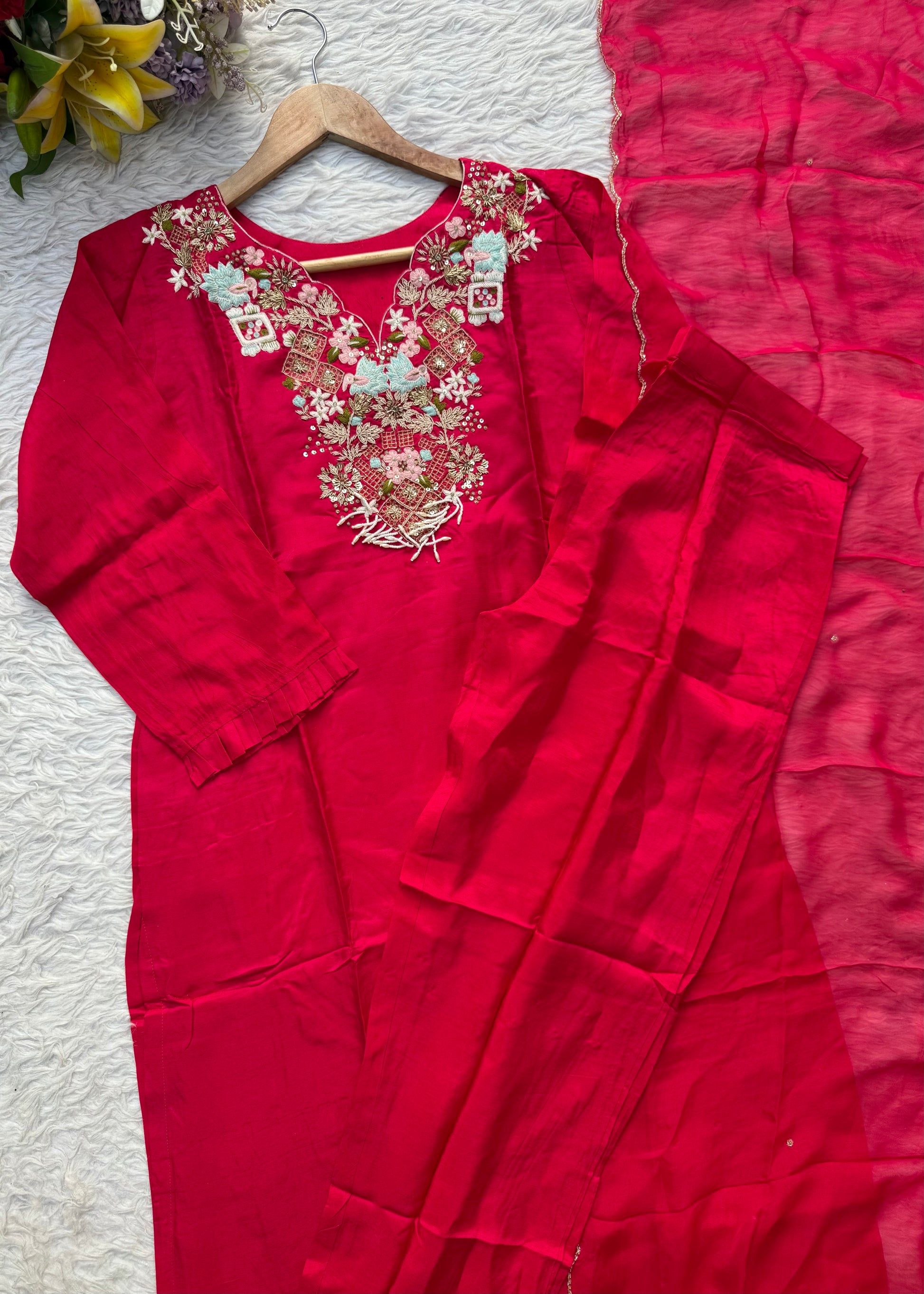 “Aahana ” Premium heavy handwork dola silk kurti set