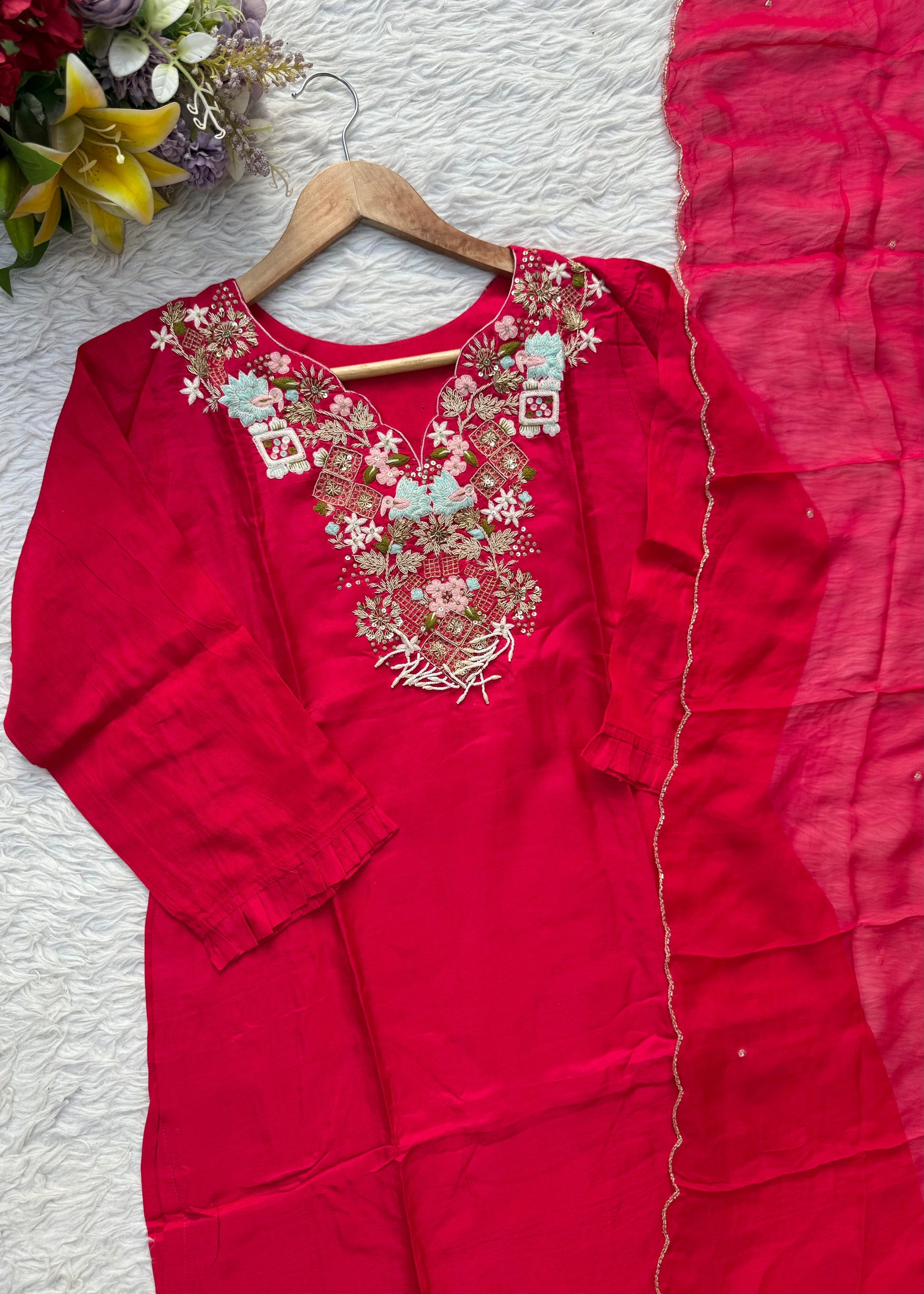 “Aahana ” Premium heavy handwork dola silk kurti set