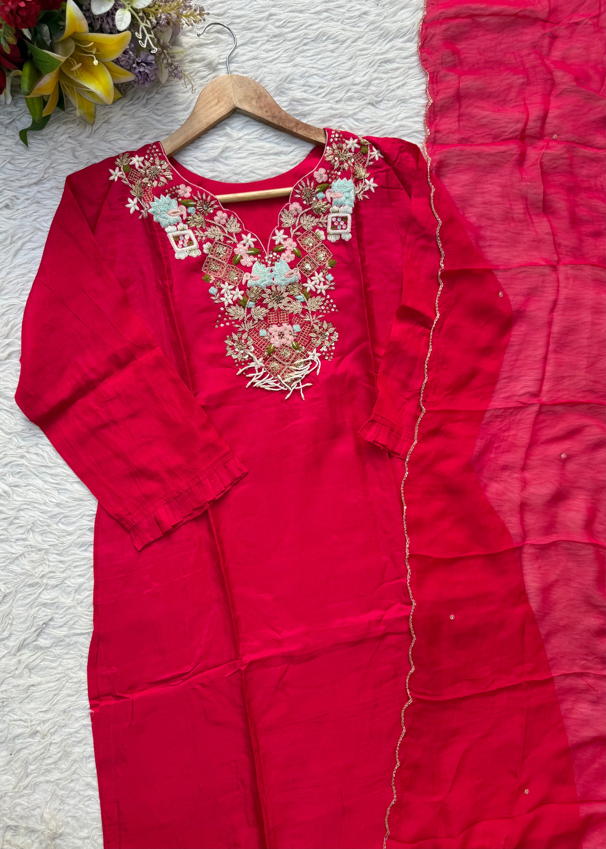 “Aahana ” Premium heavy handwork dola silk kurti set