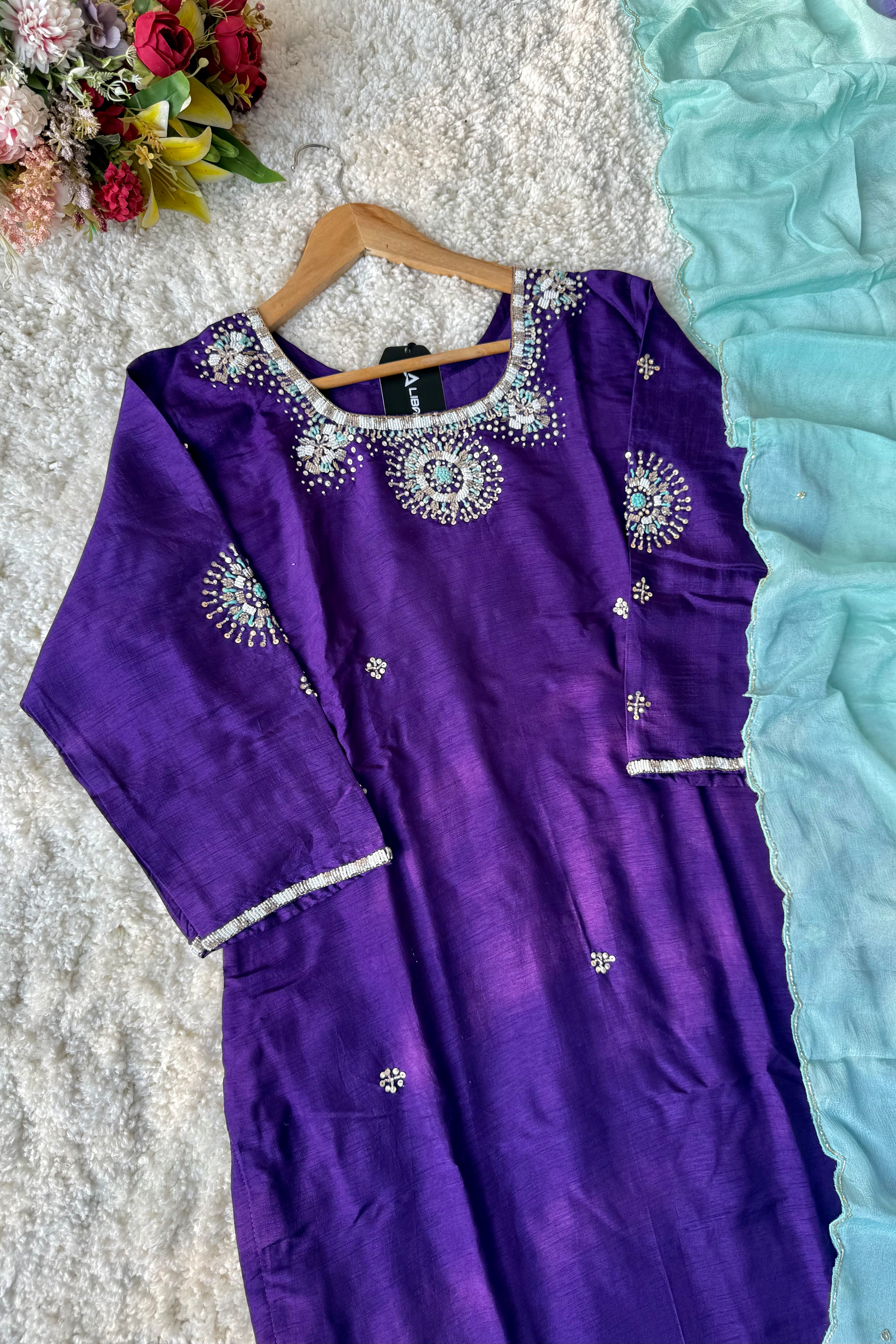 ✨ “Aqua – Royal Purple Dola Silk Kurta Set with Ombre Dupatta