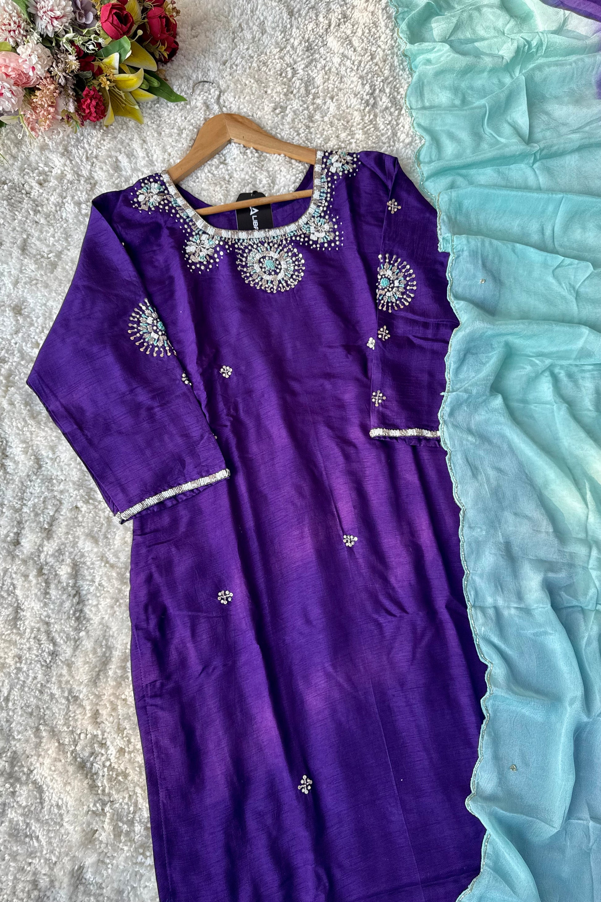 ✨ “Aqua – Royal Purple Dola Silk Kurta Set with Ombre Dupatta