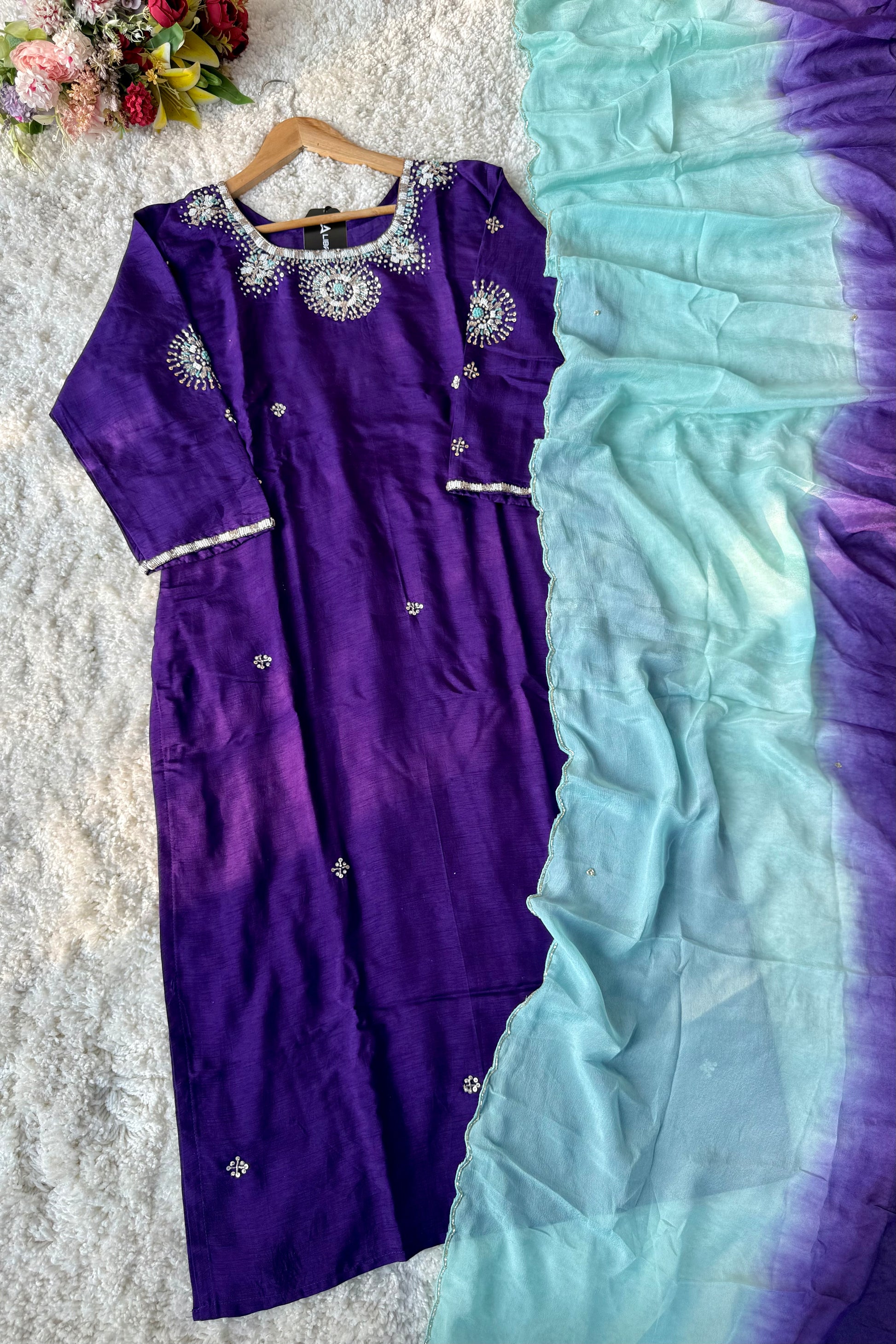✨ “Aqua – Royal Purple Dola Silk Kurta Set with Ombre Dupatta