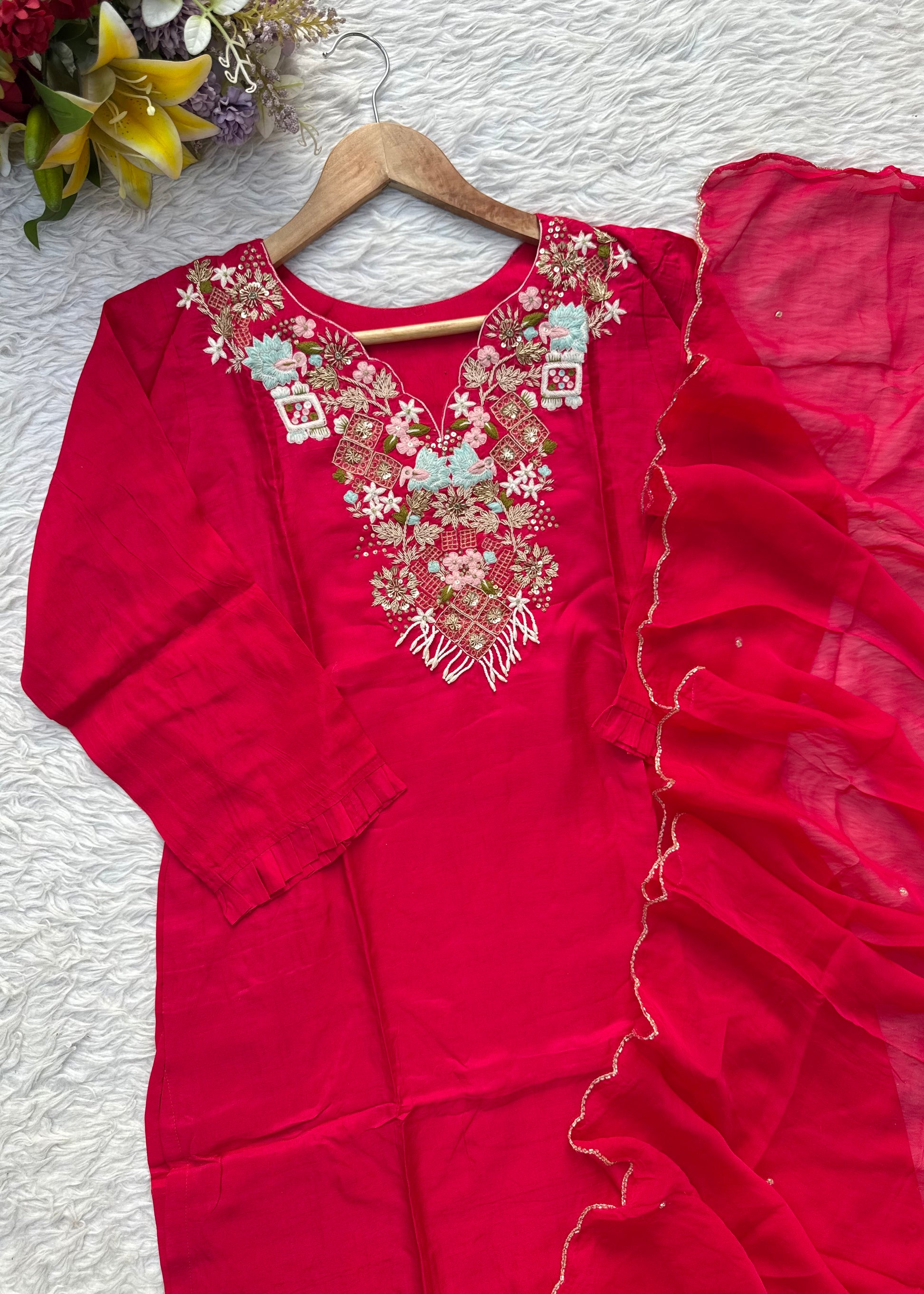 “Aahana ” Premium heavy handwork dola silk kurti set