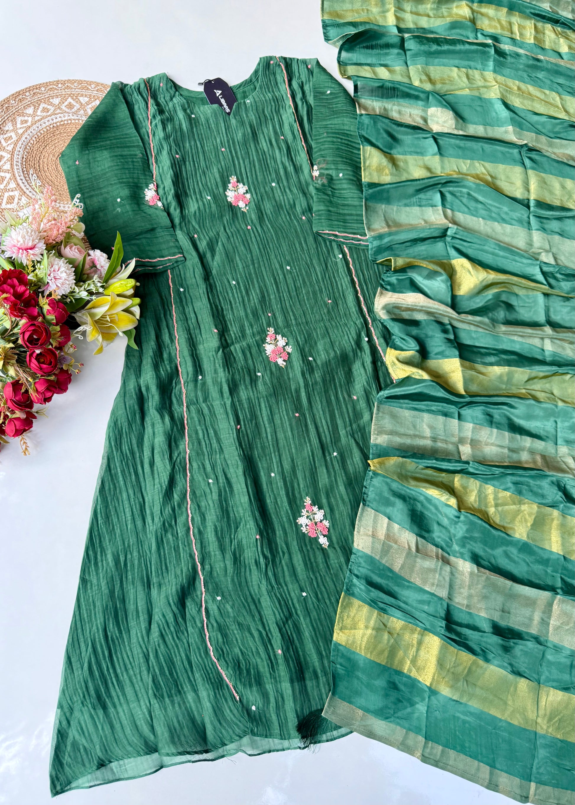 “Myra” Green Mul Chanderi A-Line Anarkali Kurta