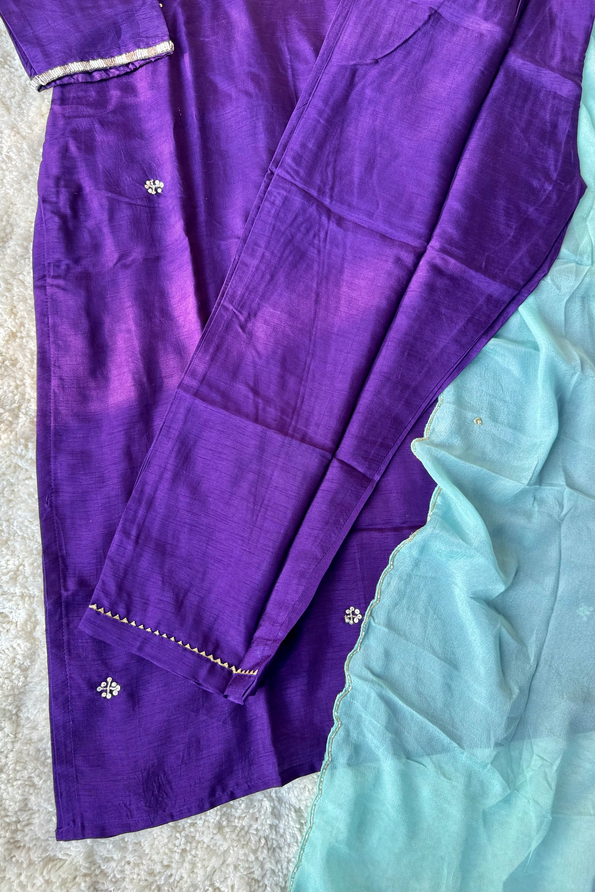 ✨ “Aqua – Royal Purple Dola Silk Kurta Set with Ombre Dupatta