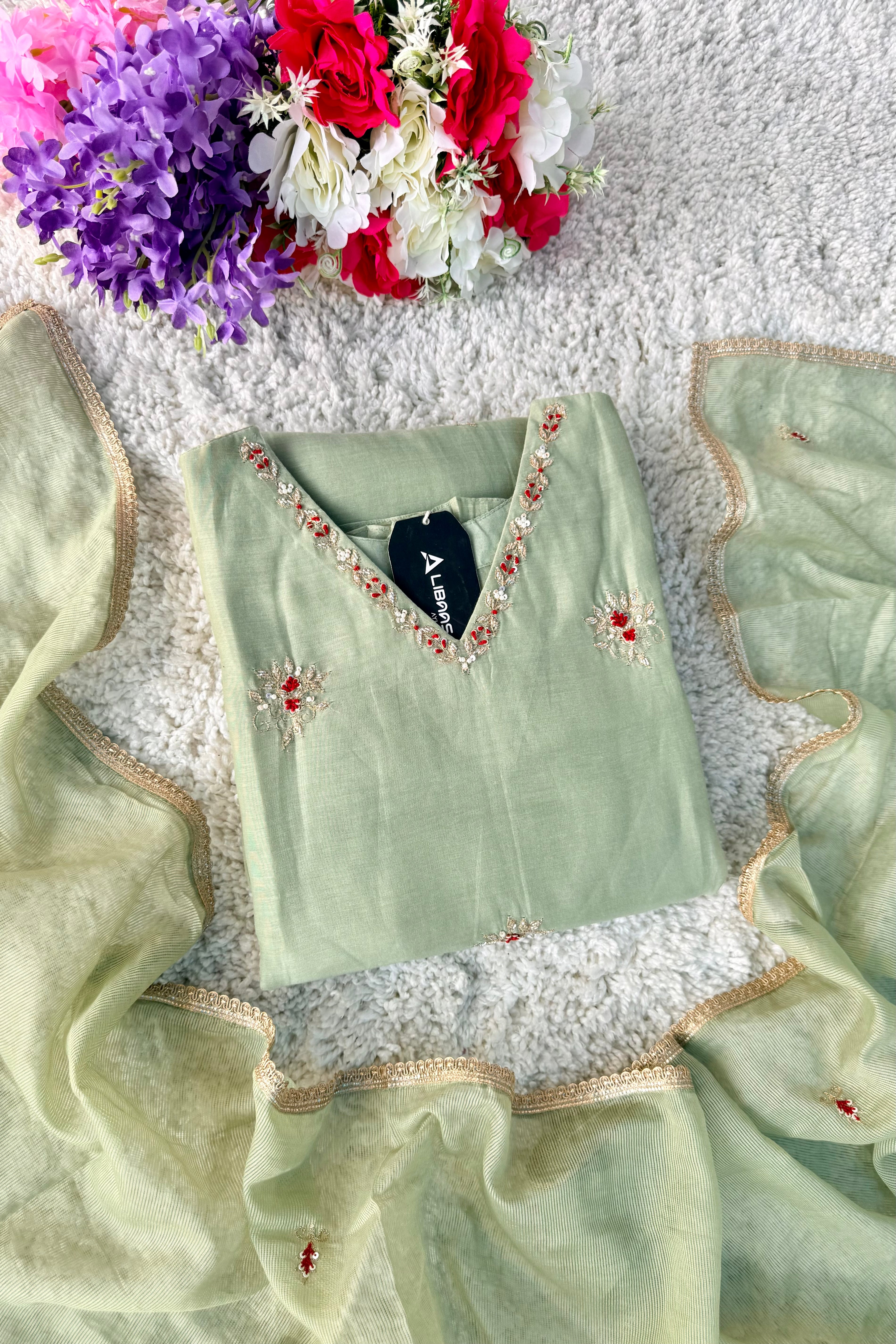 ✨Aabira – Premium Pista Green Mul Chanderi Anarkali kurti set