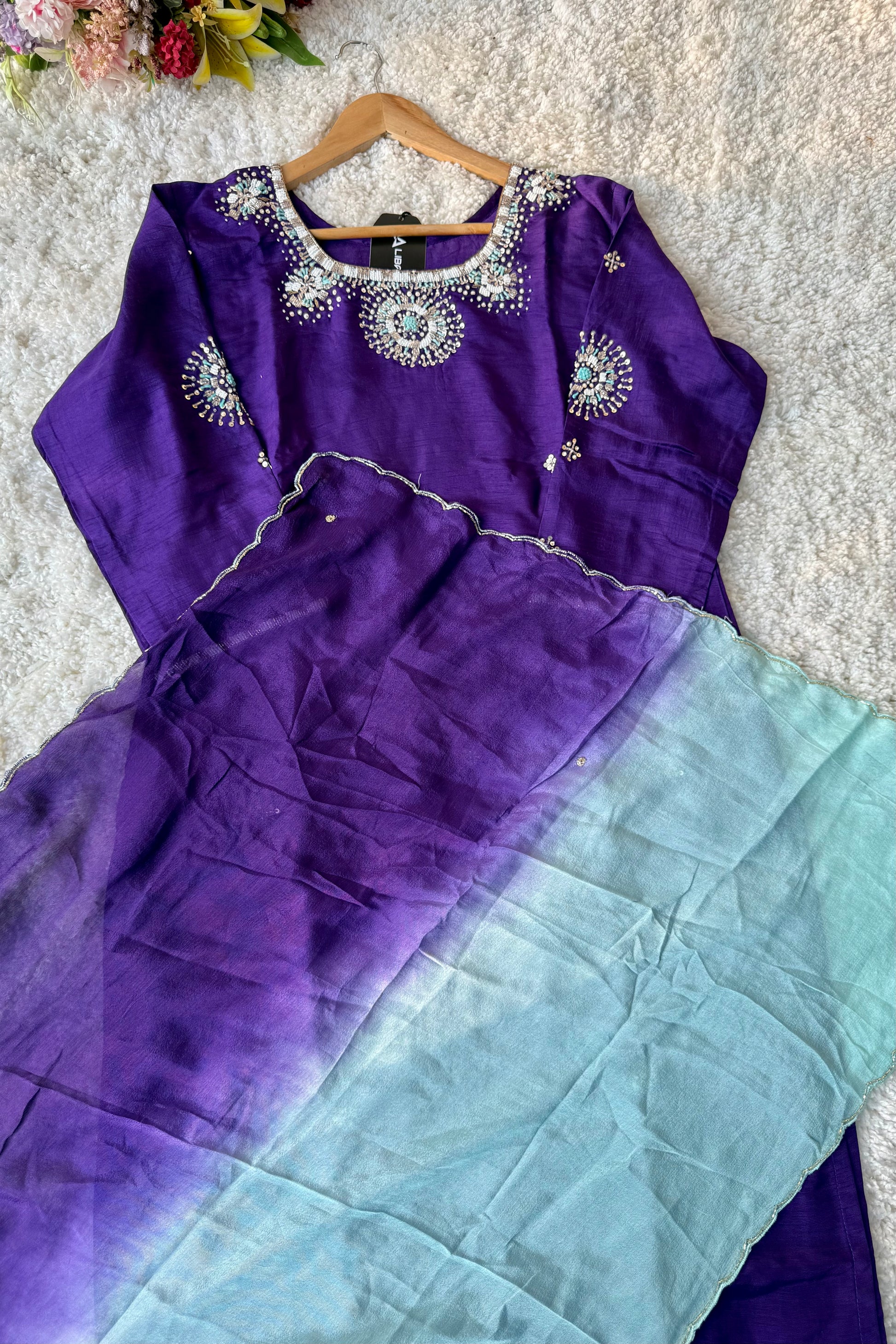 ✨ “Aqua – Royal Purple Dola Silk Kurta Set with Ombre Dupatta