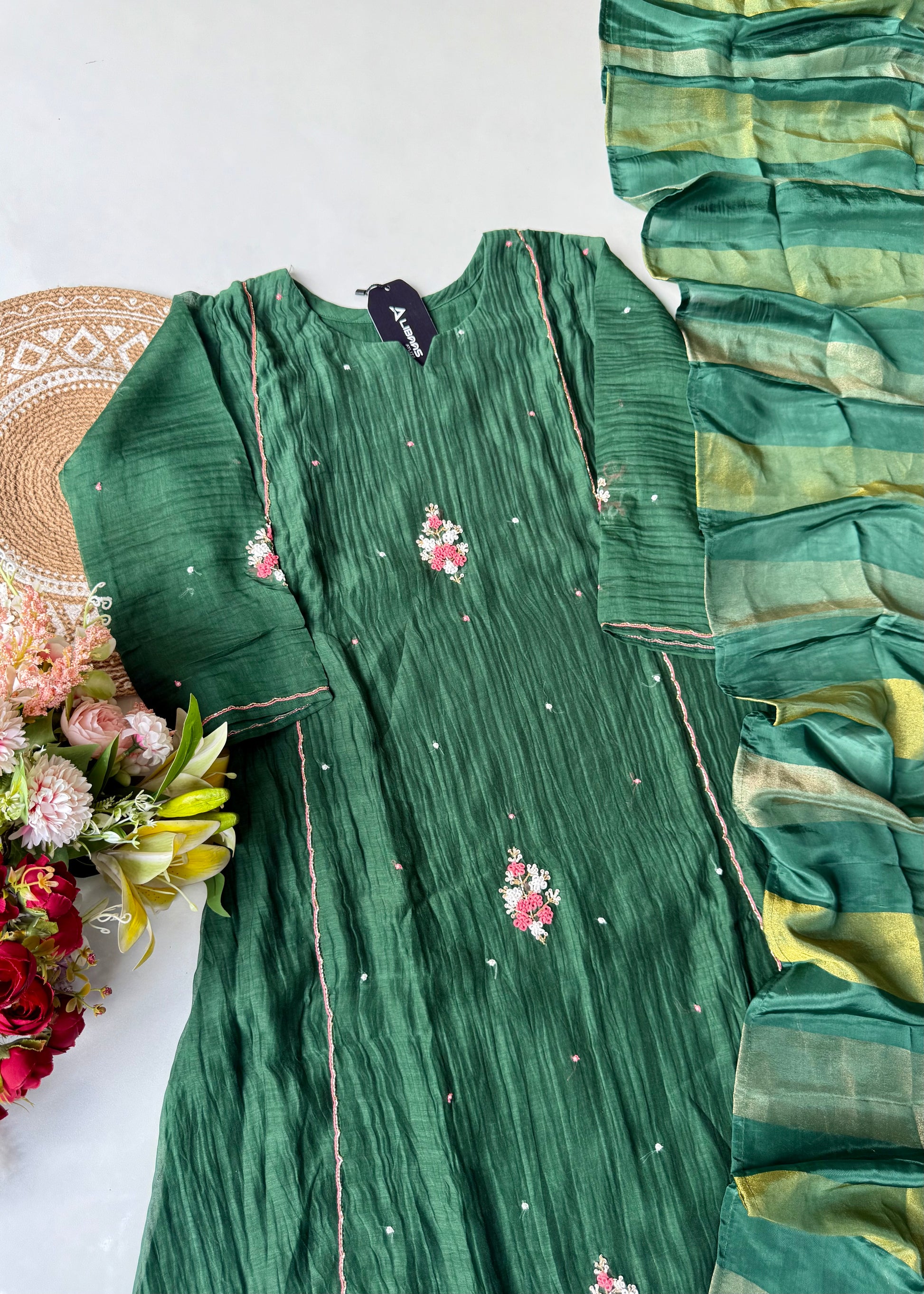 “Myra” Green Mul Chanderi A-Line Anarkali Kurta