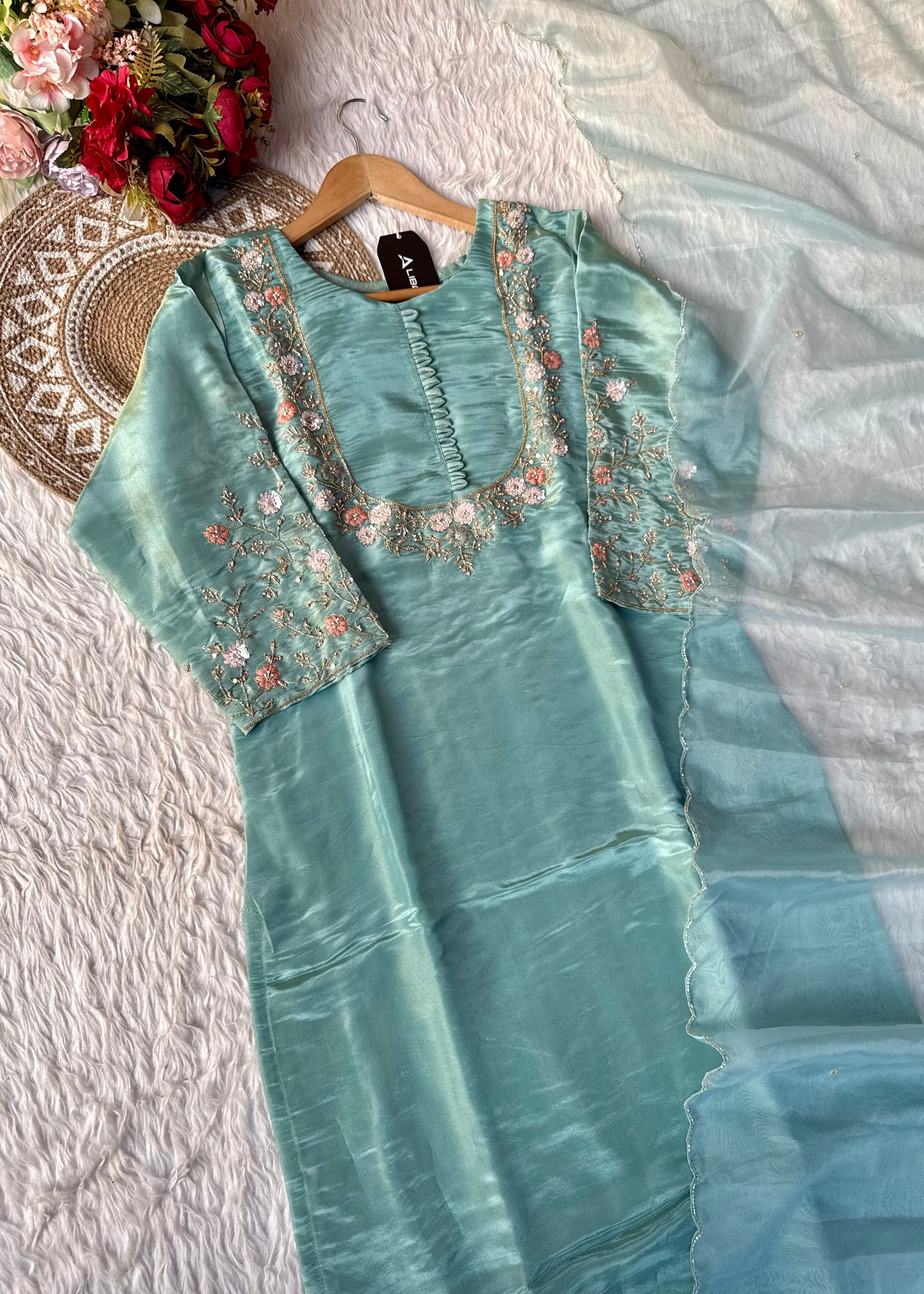 “Naayaab” Premium Pista Green Tissue silk handcrafted kurta set