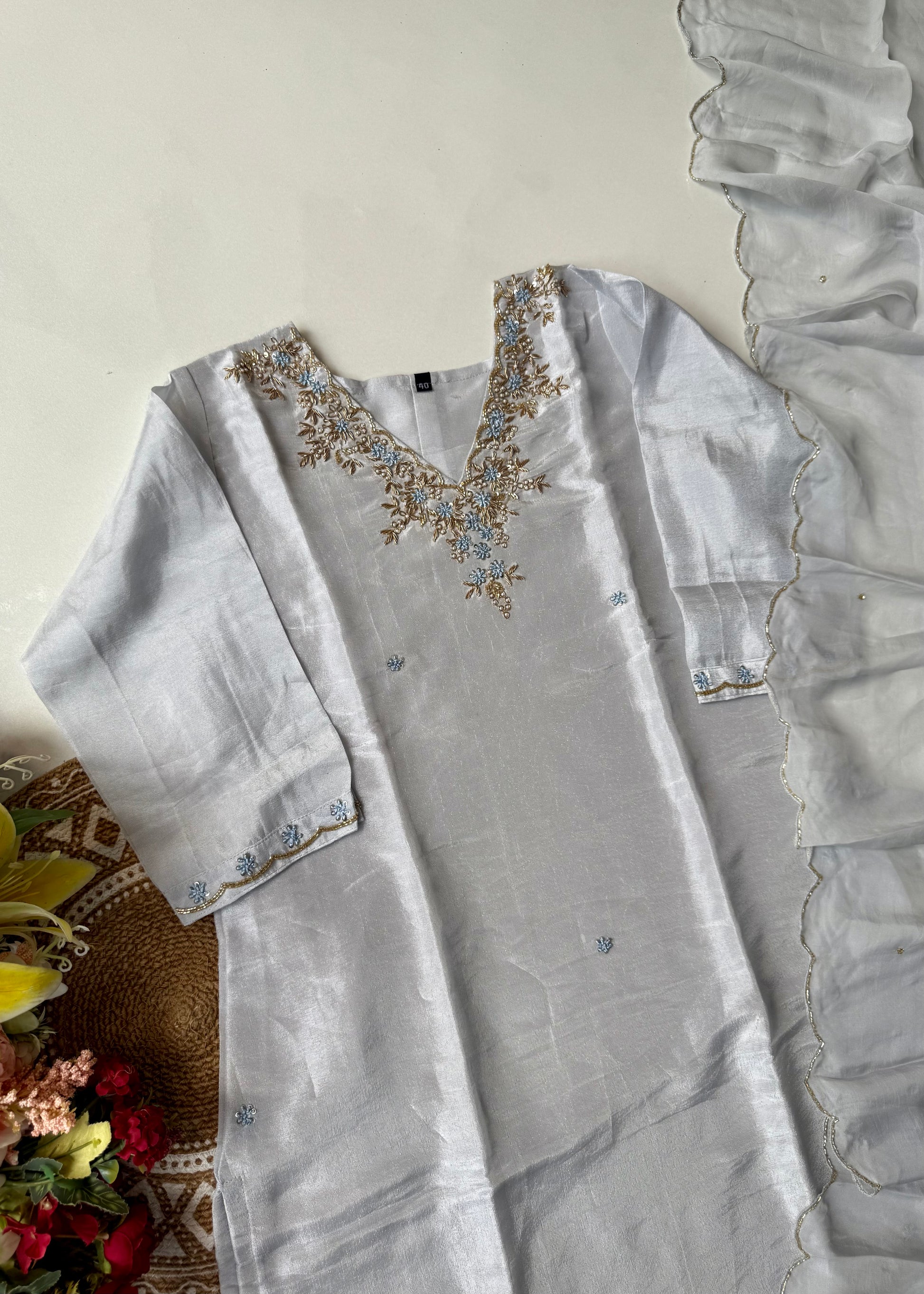 “Aylize” Graceful Pastel shade Tisse Silk Handwork Suit Set