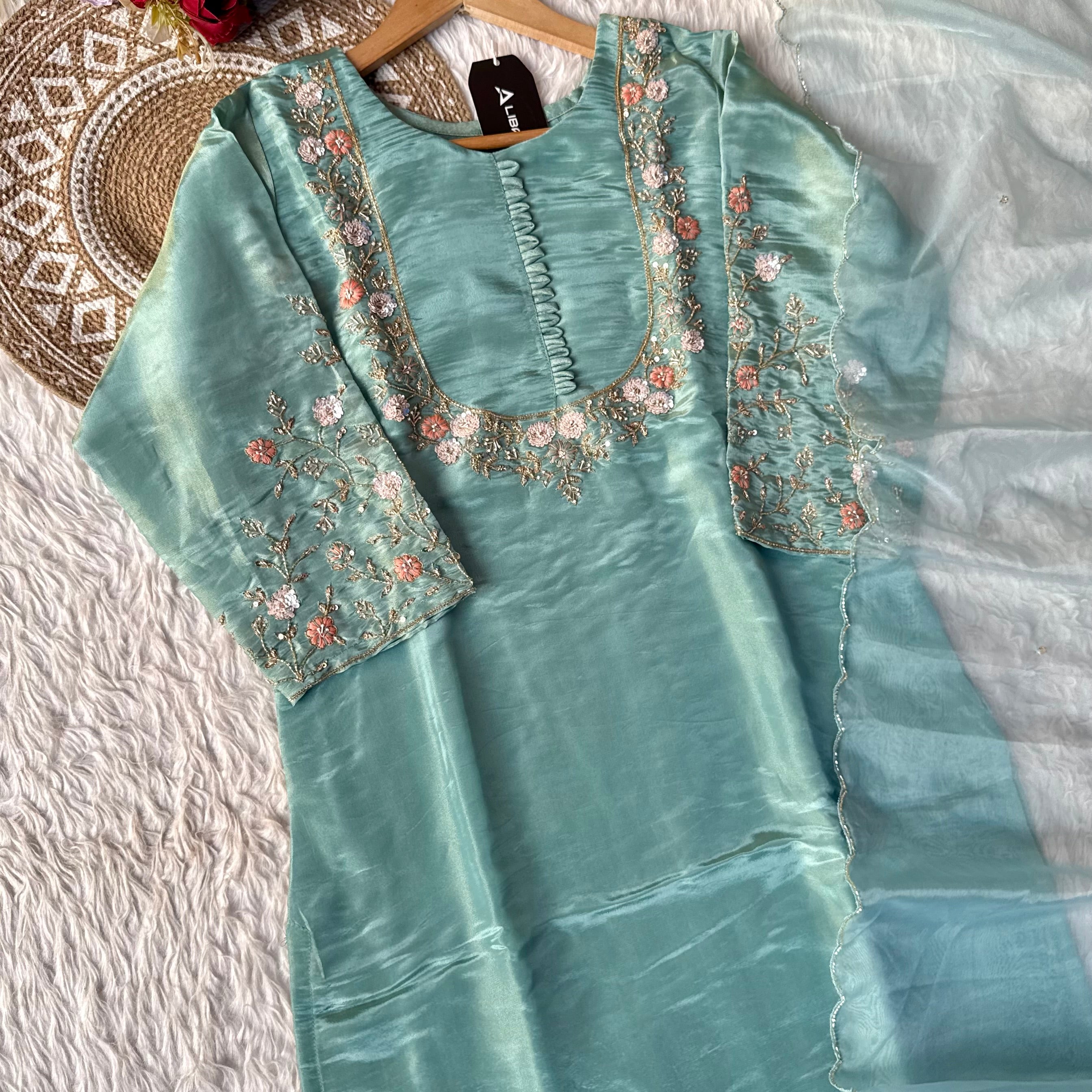 “Naayaab” Premium Pista Green Tissue silk handcrafted kurta set